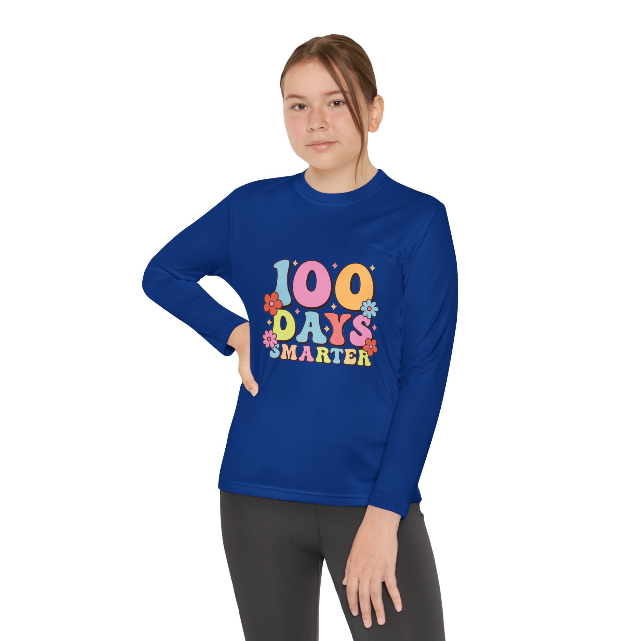 100 Days Smarter Youth Long Sleeve Tee — Retro Floral School Celebration Shirt