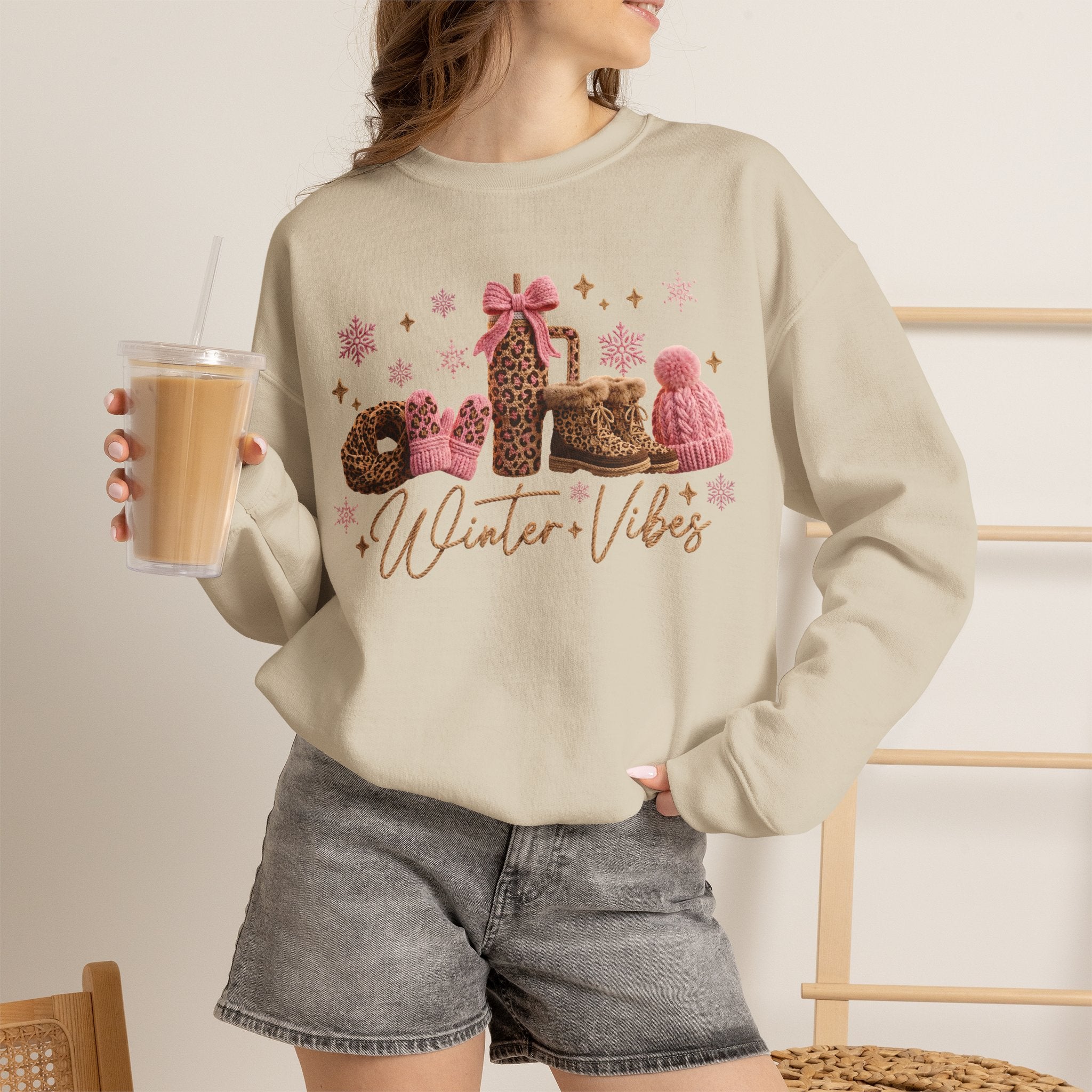 Crewneck Sweatshirt — 'Winter Vibes' Cozy Leopard Print Holiday Design