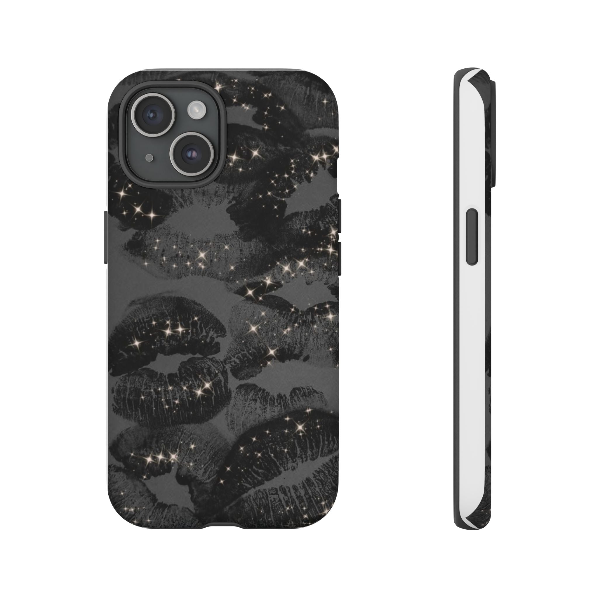 Black Glitter Kiss Phone Case — Sparkling Lip Print Protective Cover
