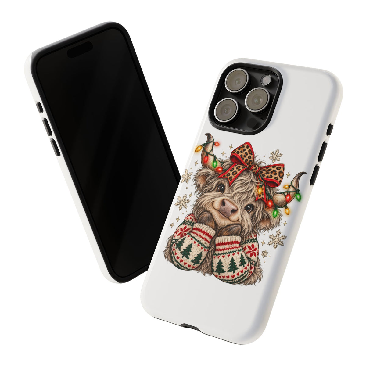 Holiday Highland Cow Phone Case – Festive Lights & Cozy Sweater Design