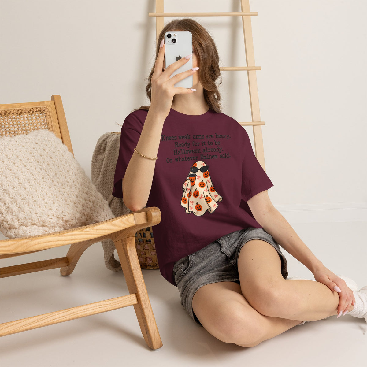 Funny Halloween Ghost T-Shirt — "Knees weak arms are heavy. Ready for it to be Halloween already. Or whatever Slim said."