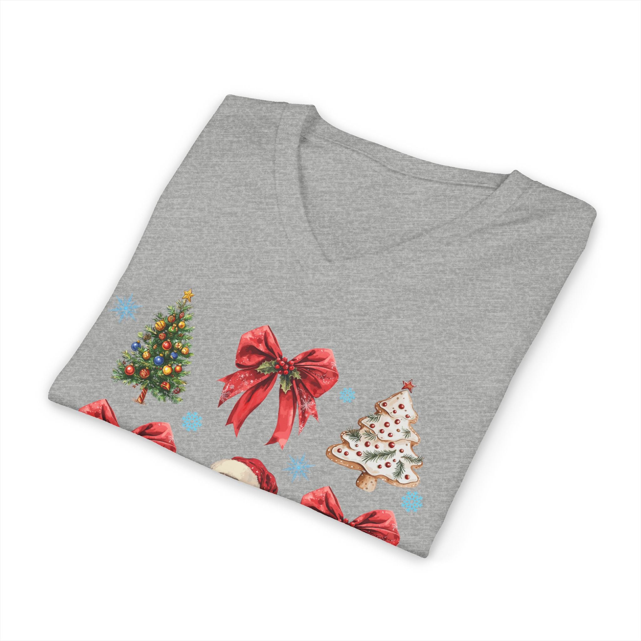 Christmas Icons V-Neck Tee — Santa, Trees & Holiday Bows