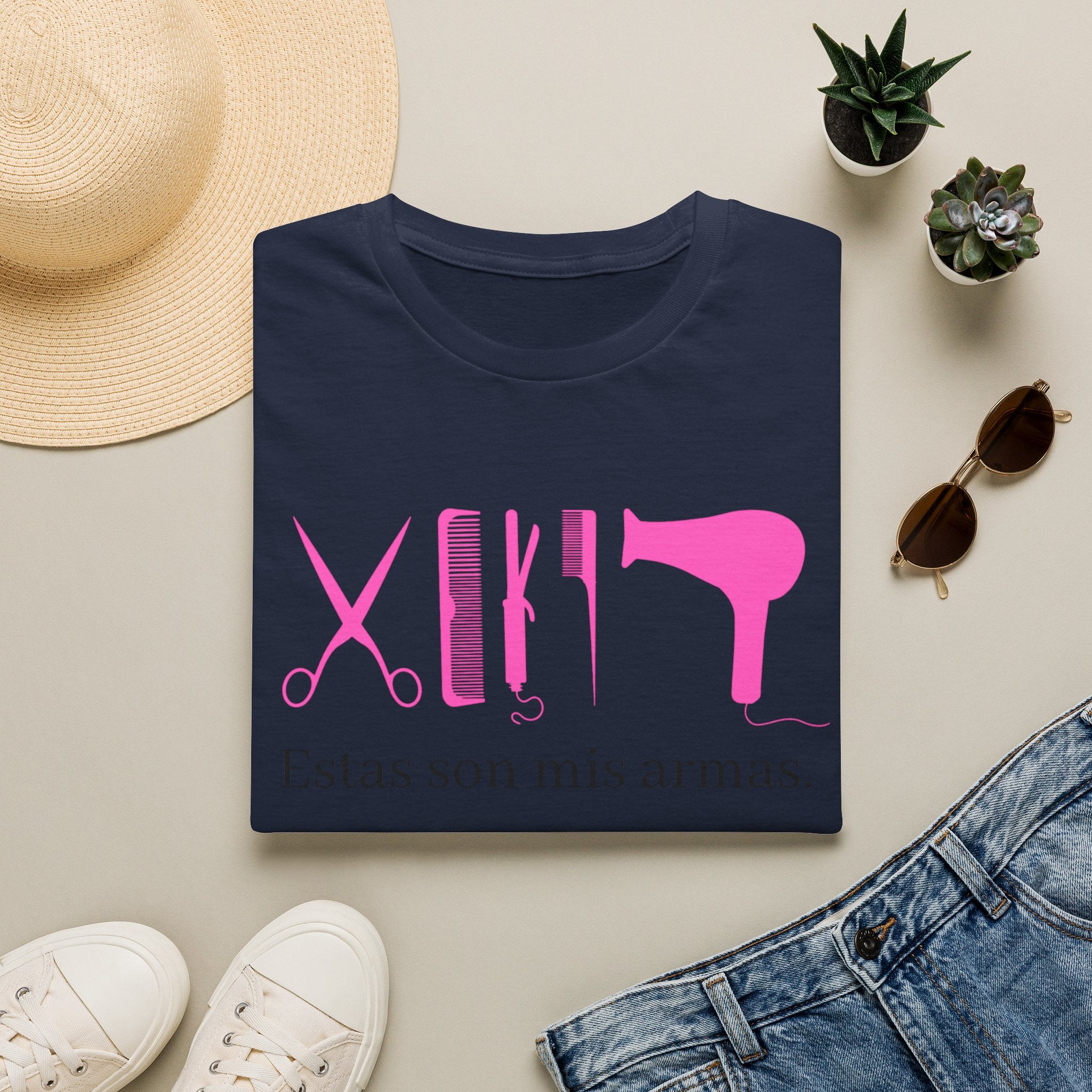 Hair Stylist Tools T-Shirt — "Estas son mis armas" Pink Salon Graphic