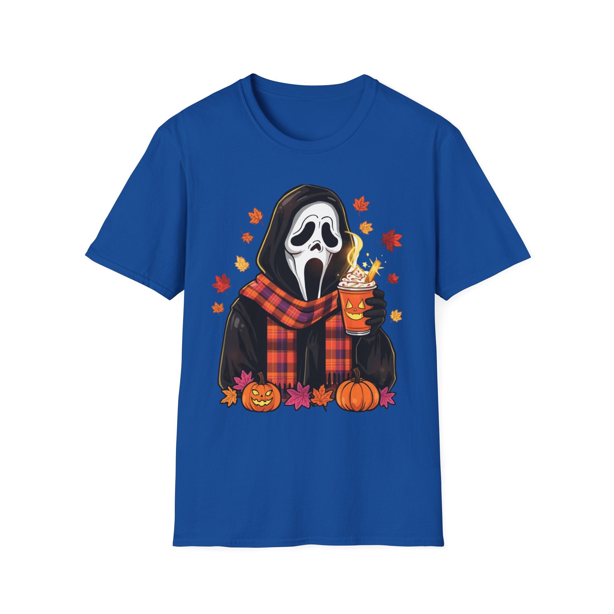 Halloween Scream Mask T‑Shirt — Cozy Fall Pumpkin & Hot Cocoa Graphic Tee