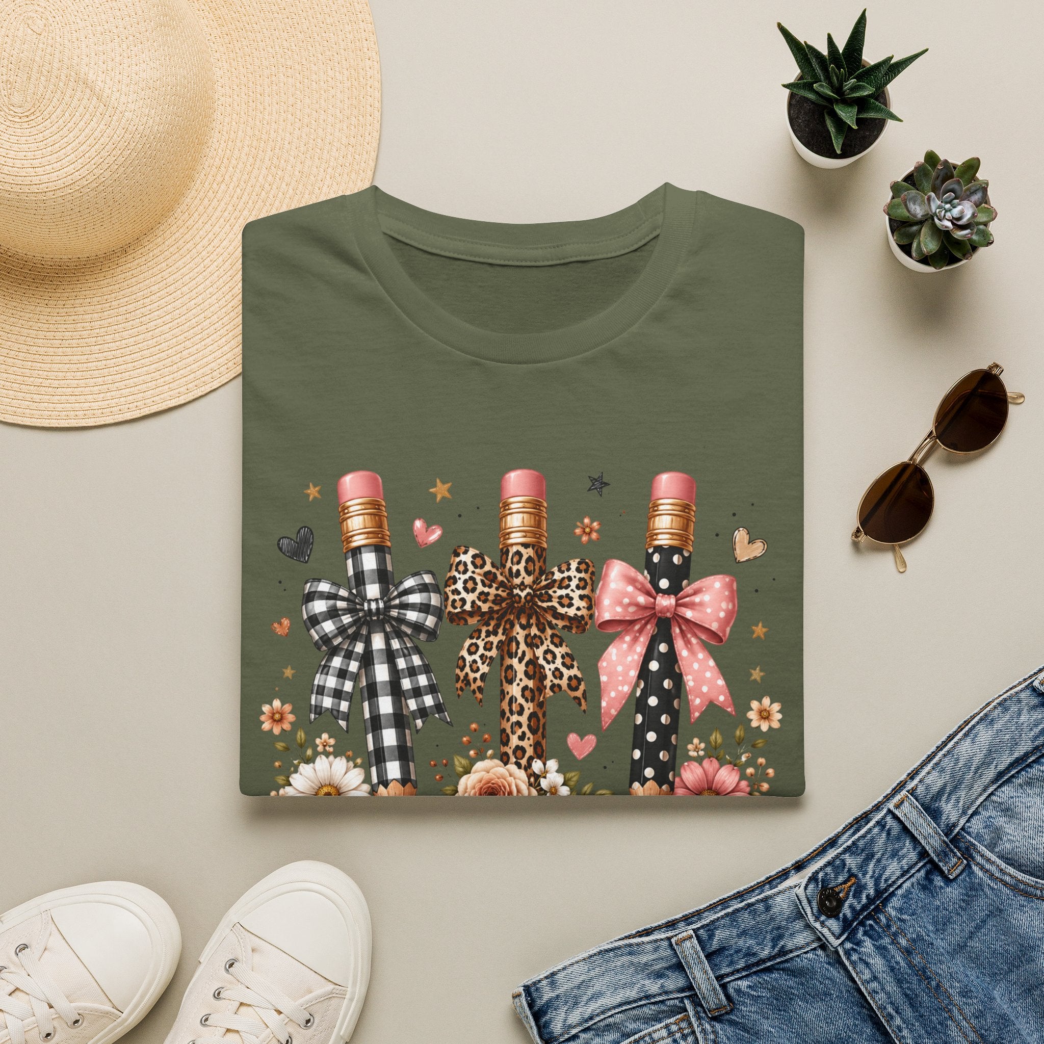 Teacher Pencil Bows T-Shirt — Cute Floral Teacher Appreciation Tee