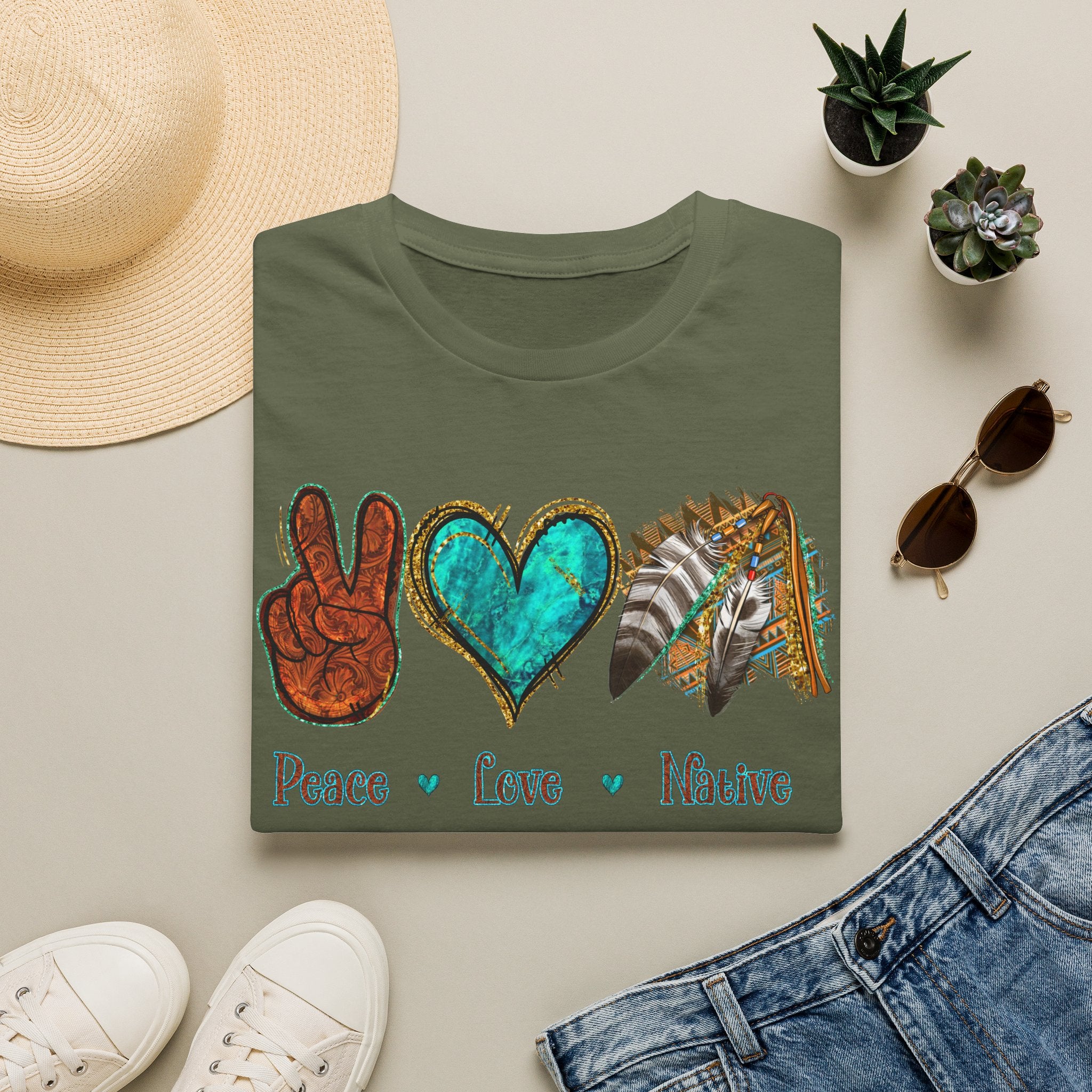 Peace Love Native T-Shirt — Boho Tribal Teal Heart Graphic Tee