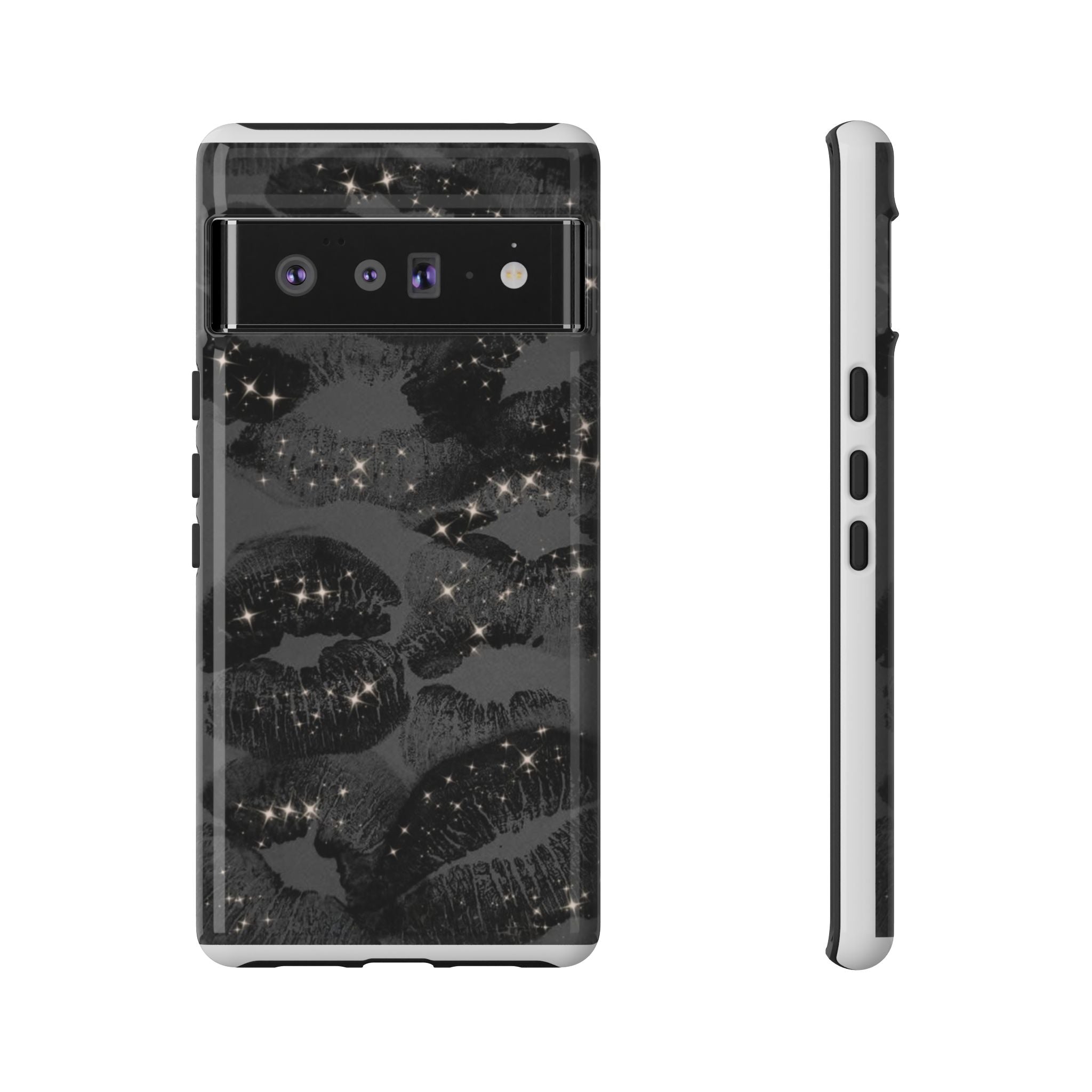 Black Glitter Kiss Phone Case — Sparkling Lip Print Protective Cover