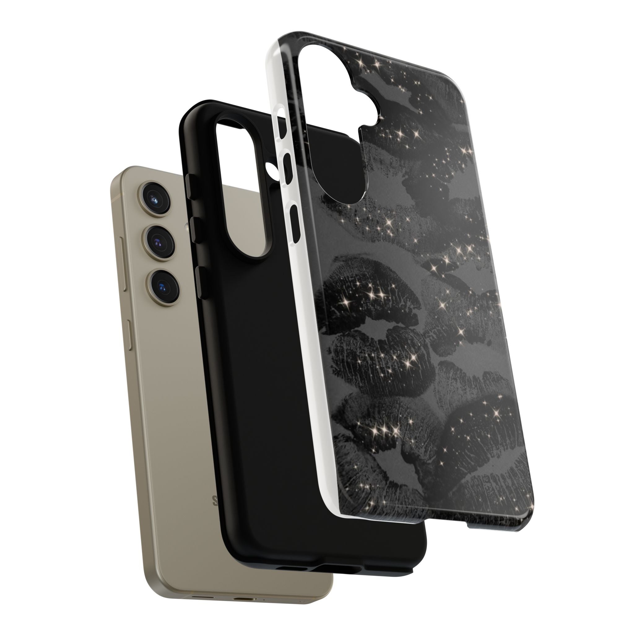 Black Glitter Kiss Phone Case — Sparkling Lip Print Protective Cover