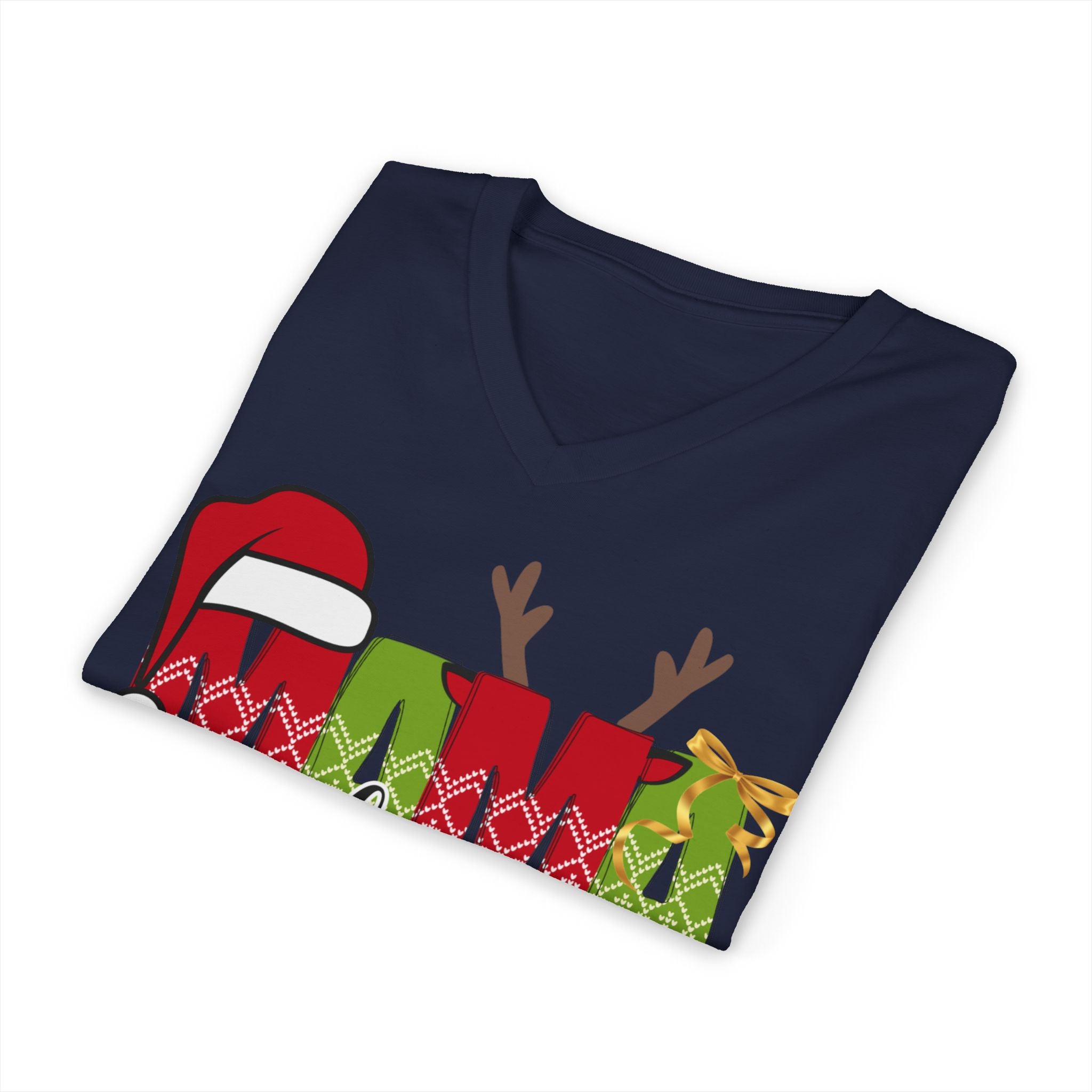 Mom Claus V-Neck Tee — Christmas Holiday Family Graphic Shirt