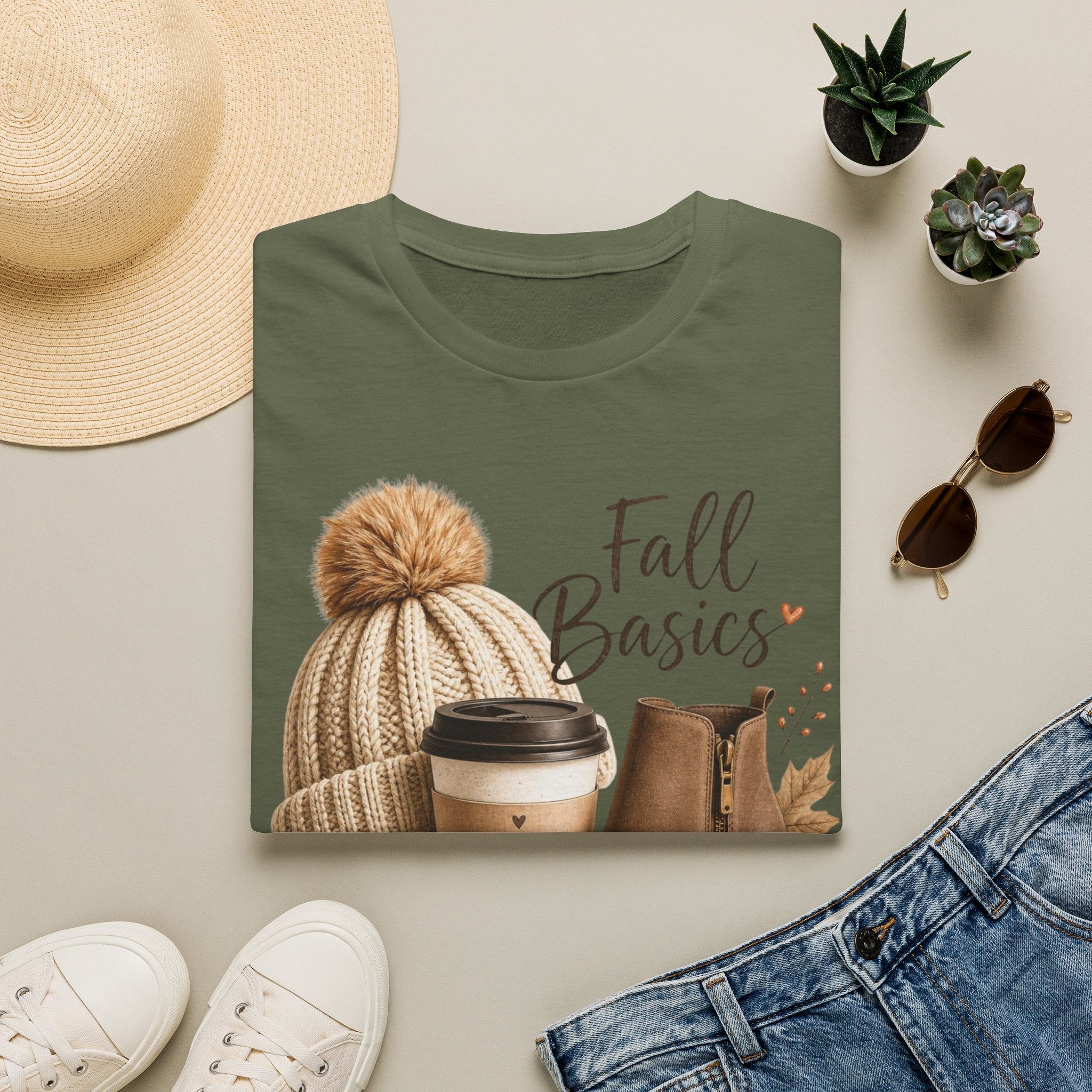 Fall Basics T-Shirt — Cozy Autumn Beanie, Coffee & Boots Tee