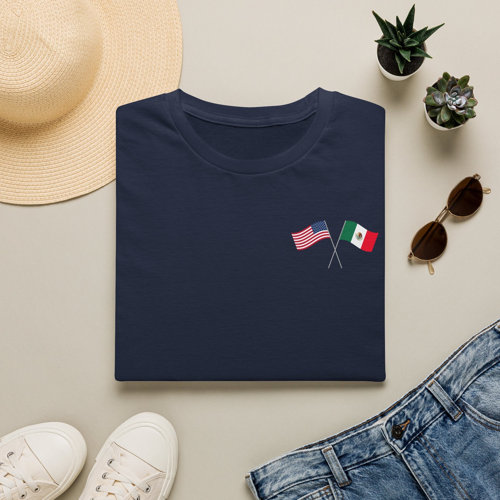 USA Mexico Flag T-Shirt — Small Crossed American & Mexican Flags Tee