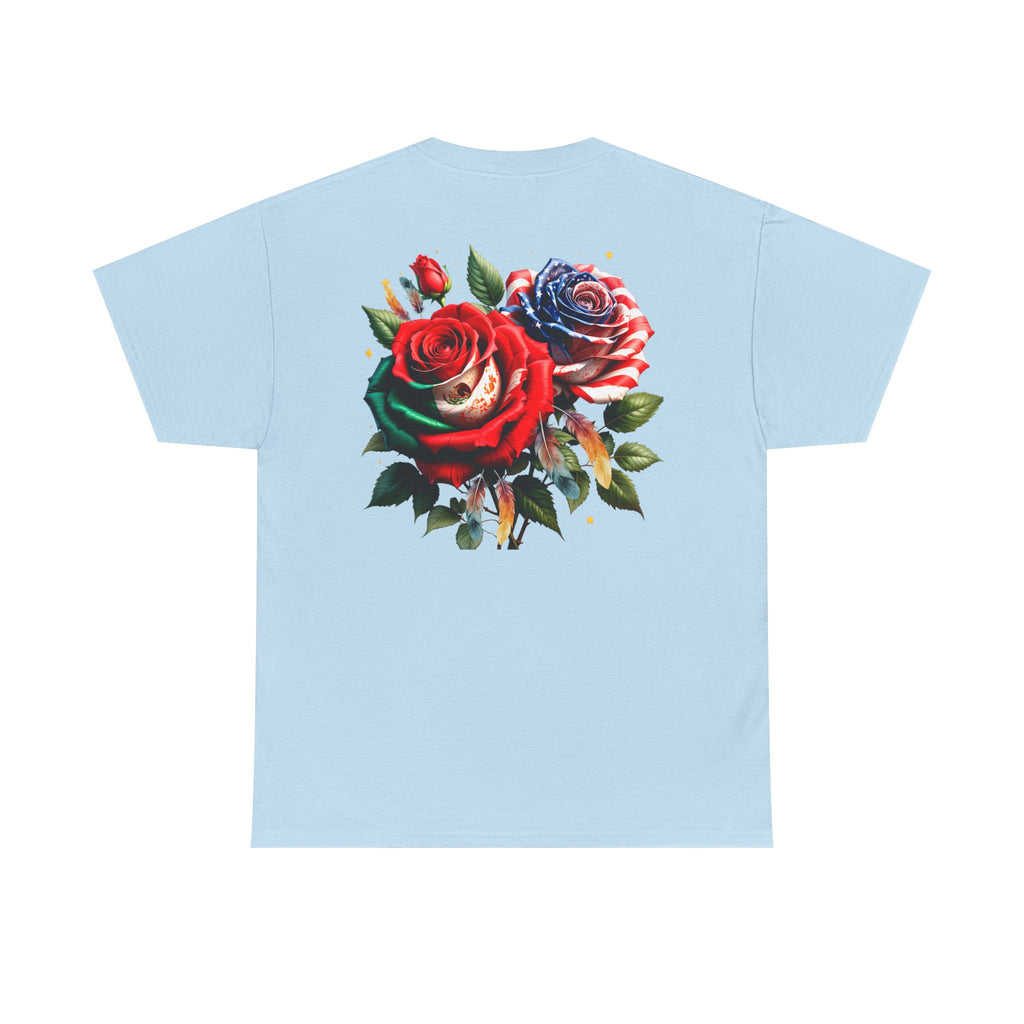 American & Italian Flag Tee with Vintage Rose Back — Patriotic Floral T-Shirt