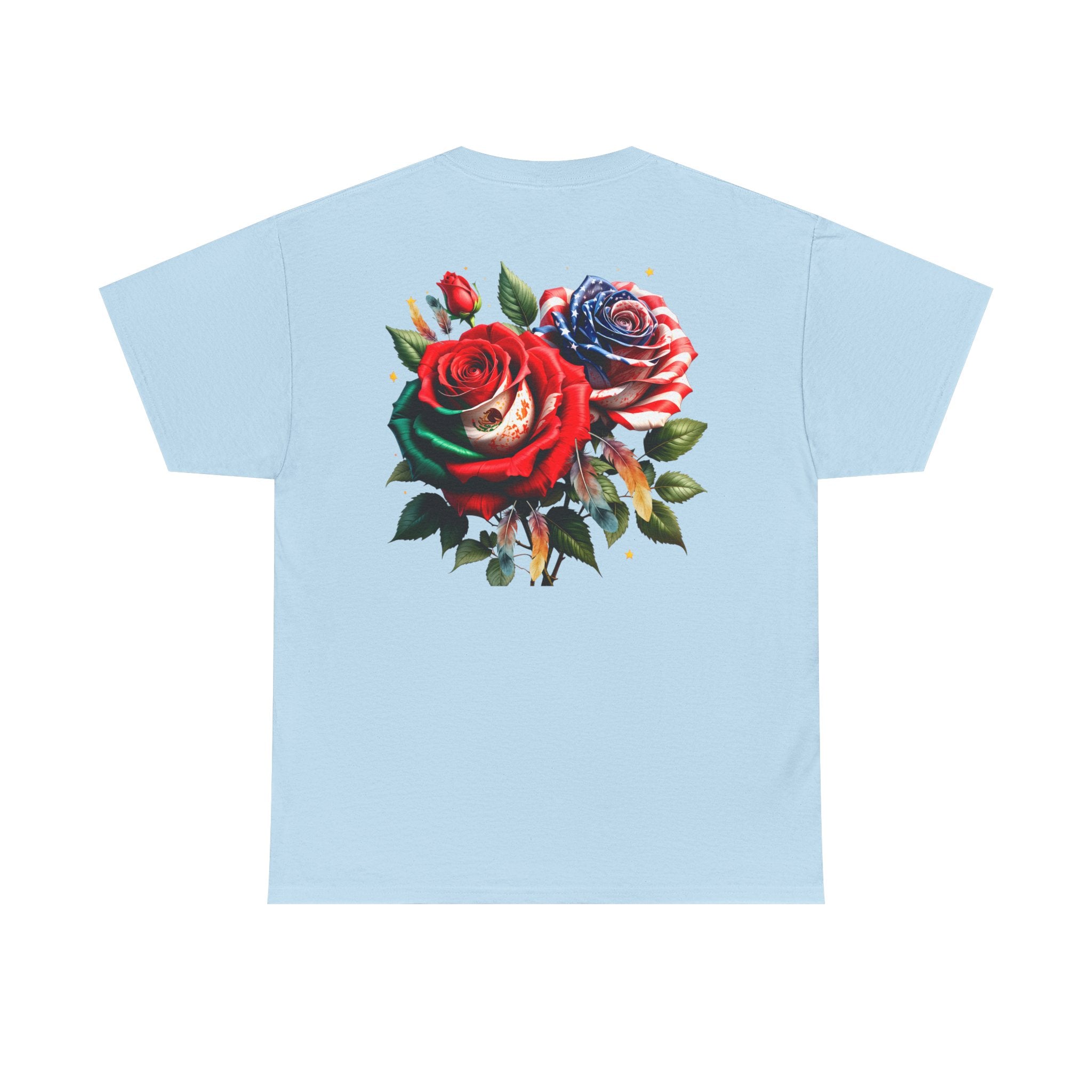 American & Italian Flag Tee with Vintage Rose Back — Patriotic Floral T-Shirt
