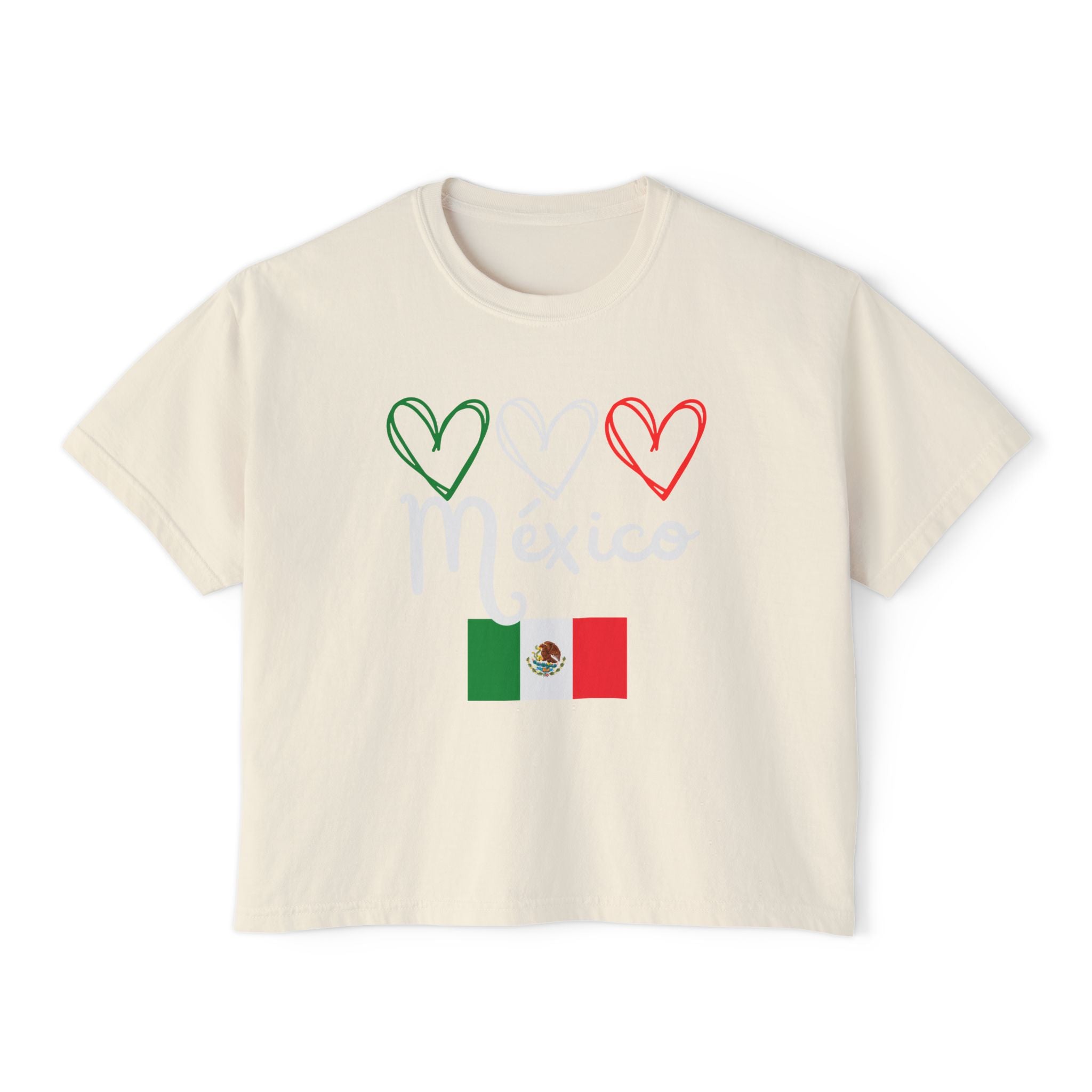 Mexico Flag Boxy Tee — Hearts & 'México' Women's Crop T-Shirt