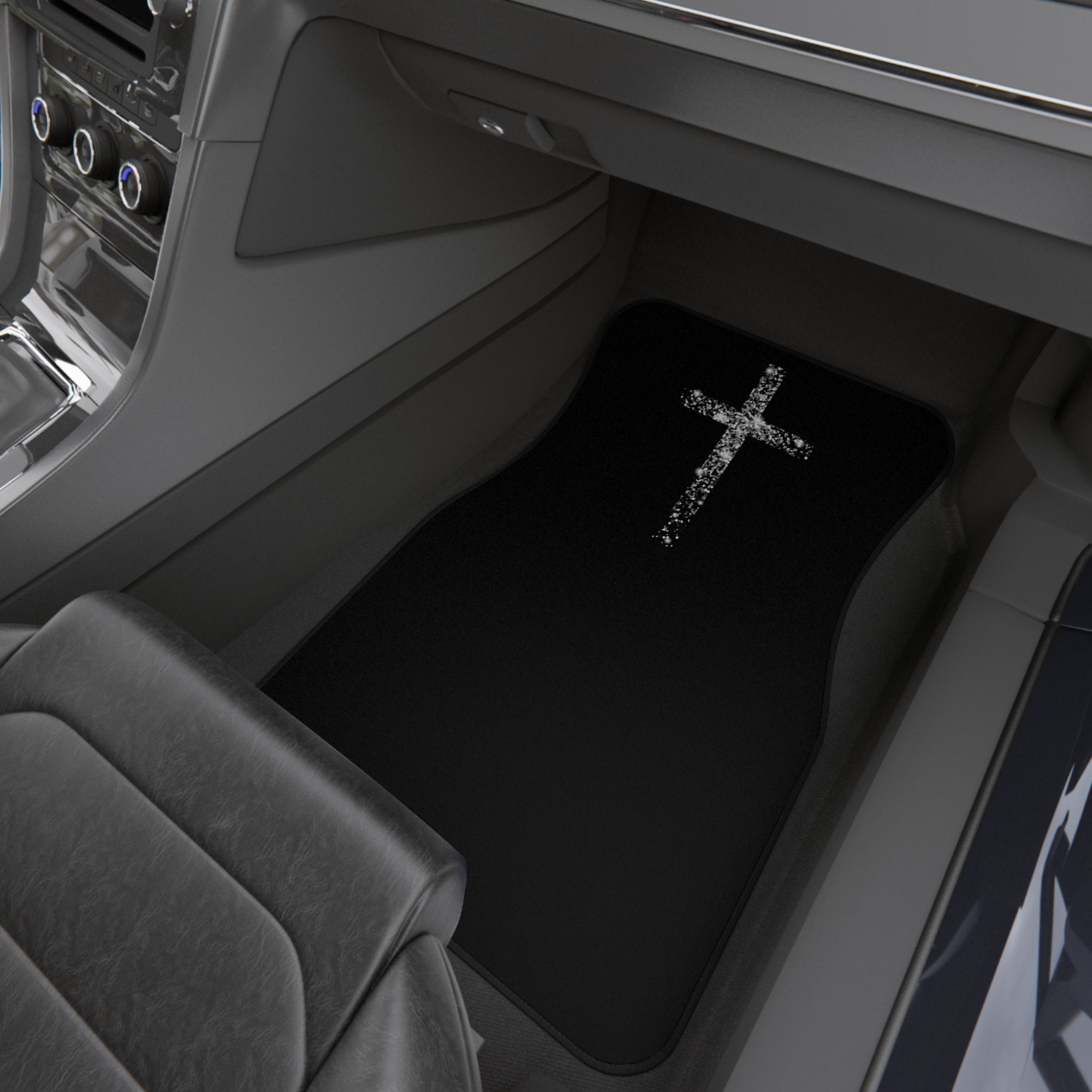 Religious Car Mats (Set of 4) — Black Floor Mats with Cross Design