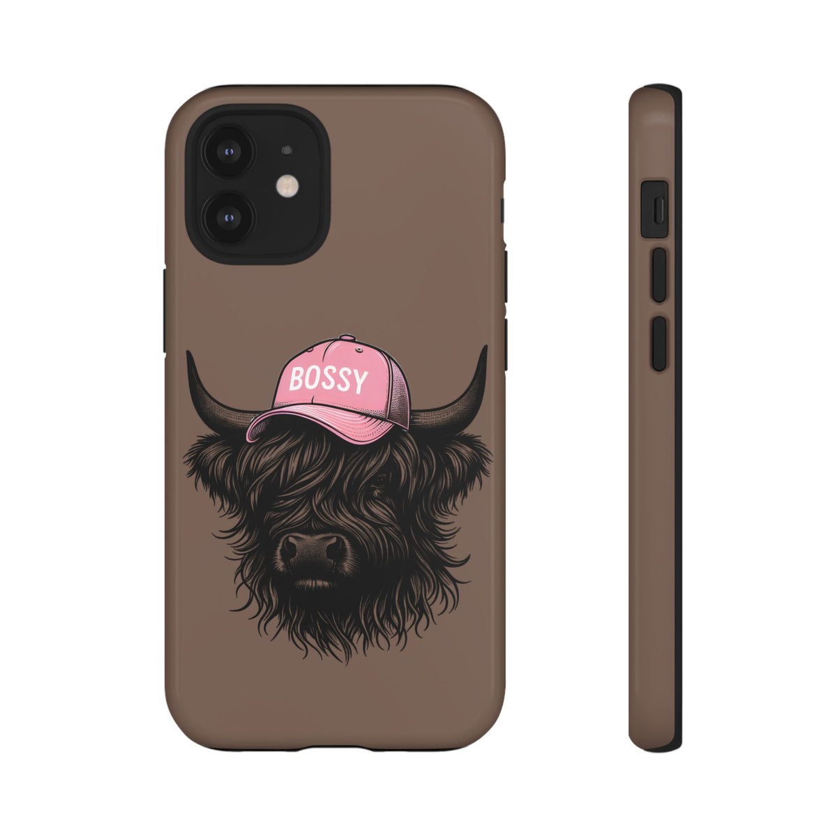 Phone Case — Highland Cow Wearing 'BOSSY' Pink Hat, Cute Farm Animal Protective Cover