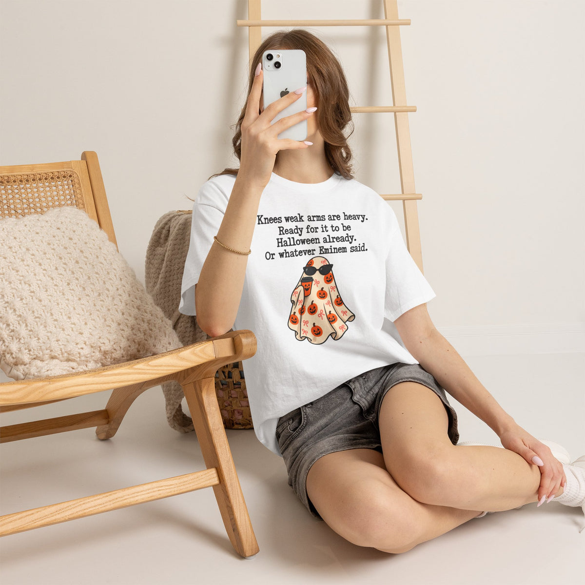 Funny Halloween Ghost T-Shirt — "Knees weak arms are heavy. Ready for it to be Halloween already. Or whatever Slim said."