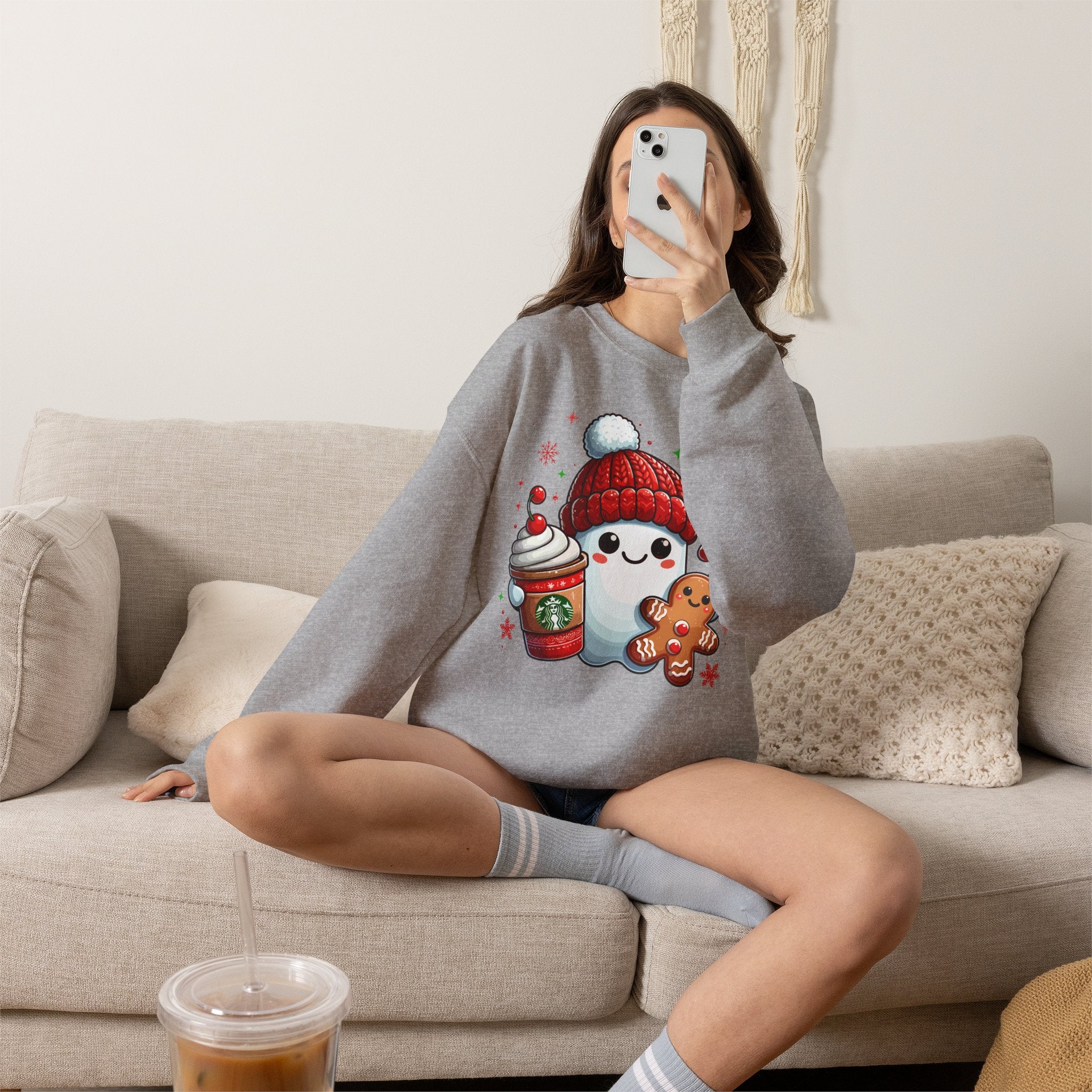 Holiday Marshmallow Character Sweatshirt — Cute Snowman with Gingerbread & Hot Cocoa