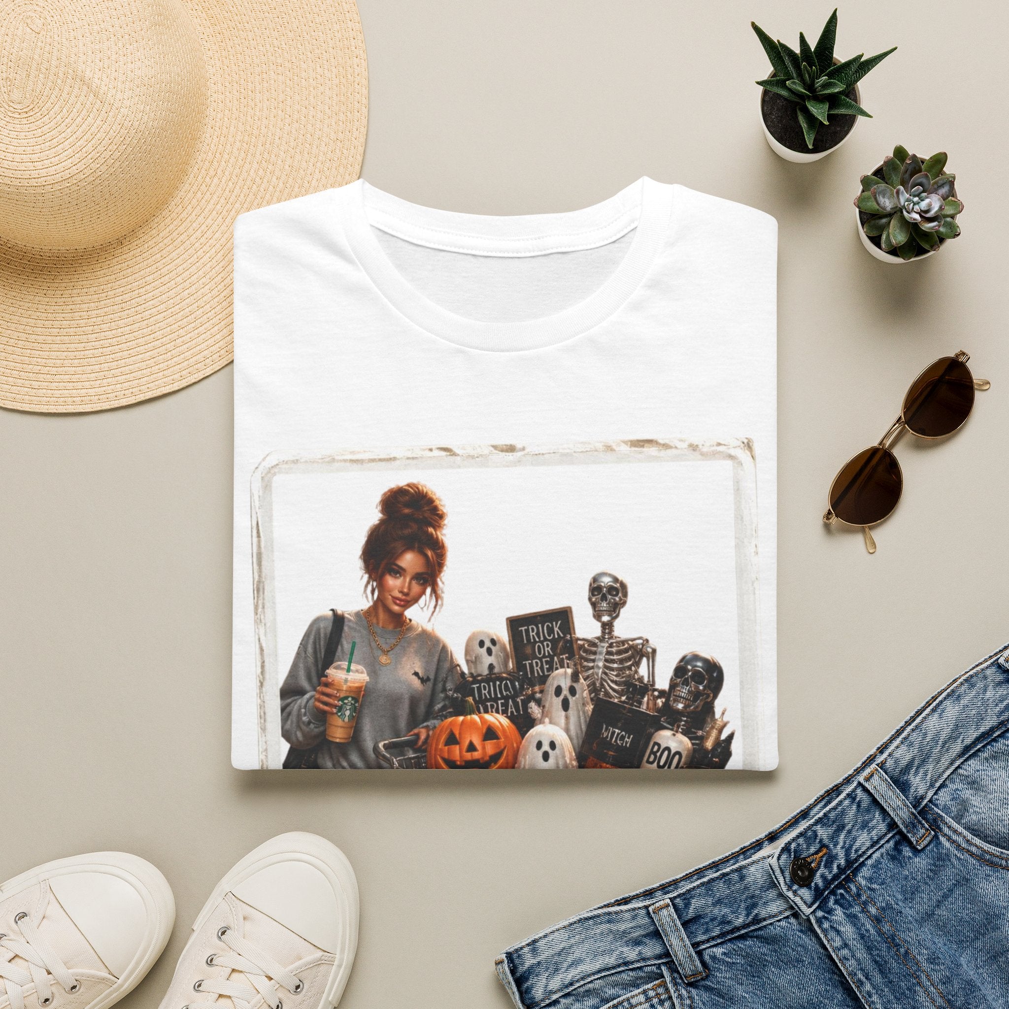 Halloween Cozy Tee — Woman with Pumpkin & Skeleton Graphic