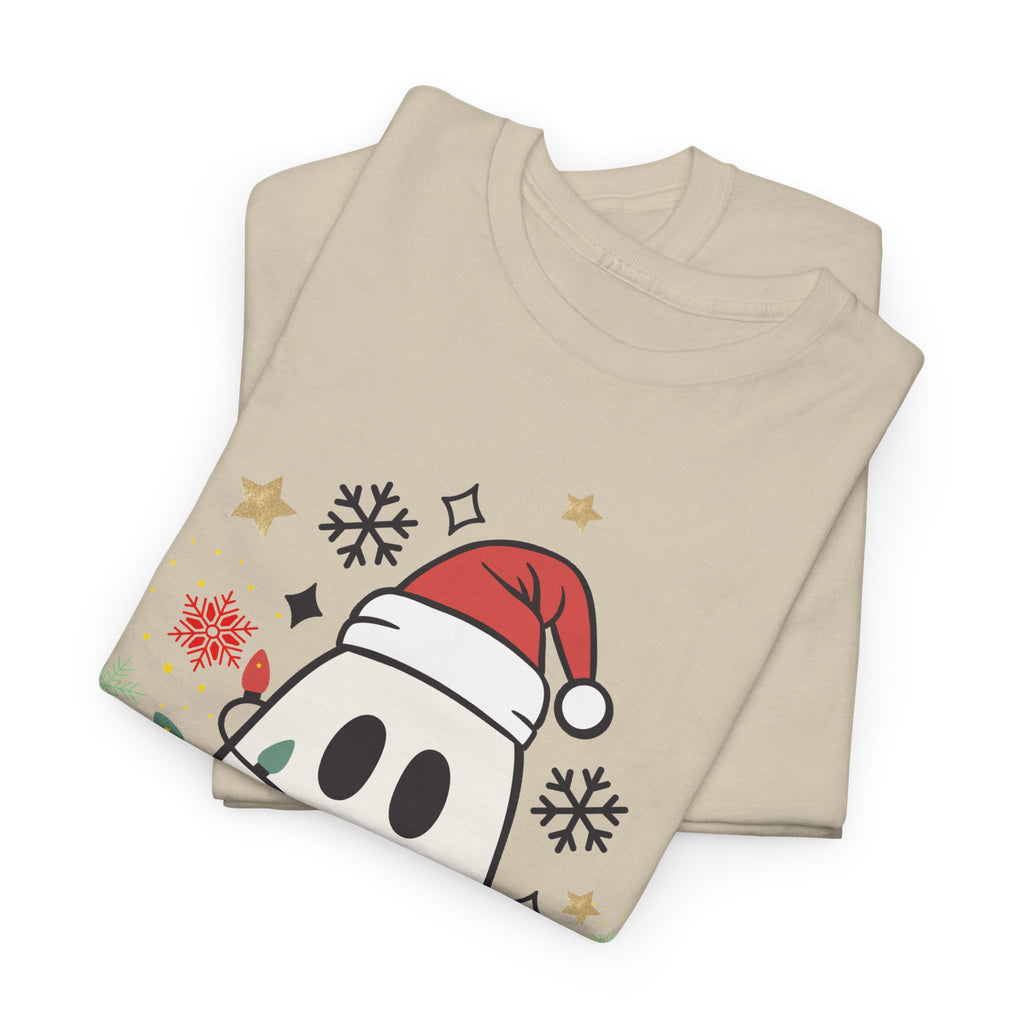 Christmas Ghost T-Shirt — Cute Haunted Holiday Tee with Santa Hat & Lights