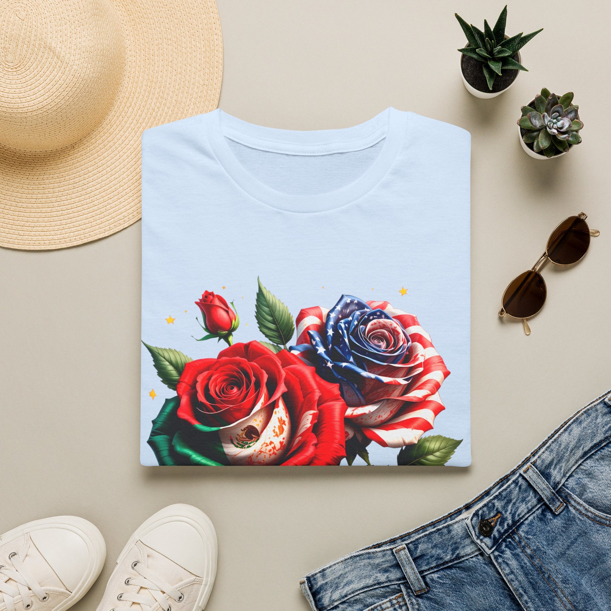 Patriotic Rose Skull T-Shirt — American Flag Blue & Red Floral Tee