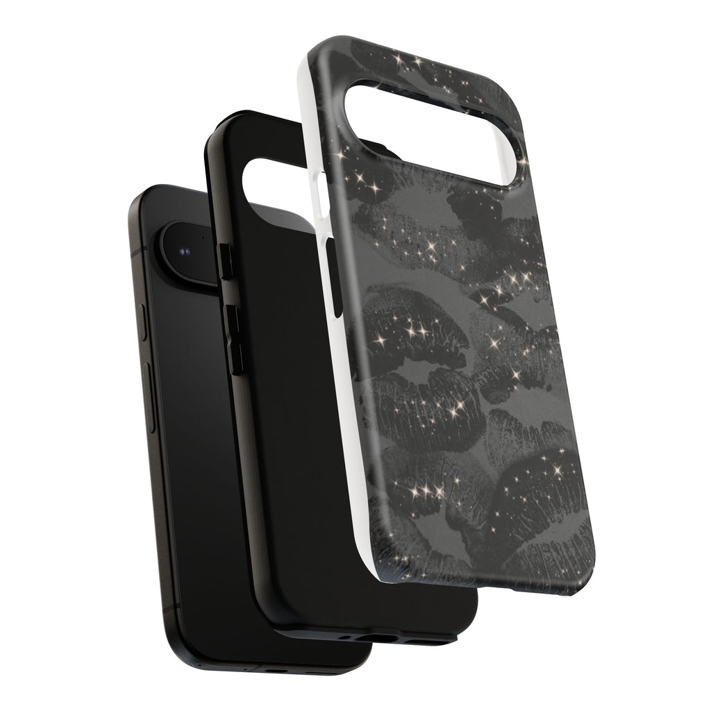Black Glitter Kiss Phone Case — Sparkling Lip Print Protective Cover