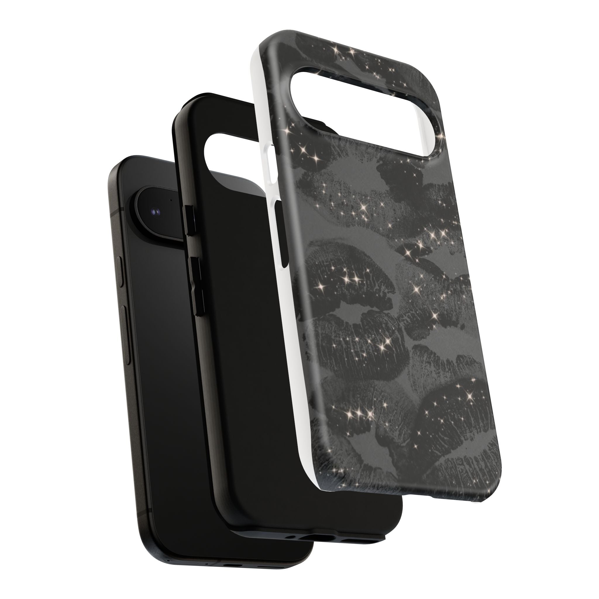 Black Glitter Kiss Phone Case — Sparkling Lip Print Protective Cover
