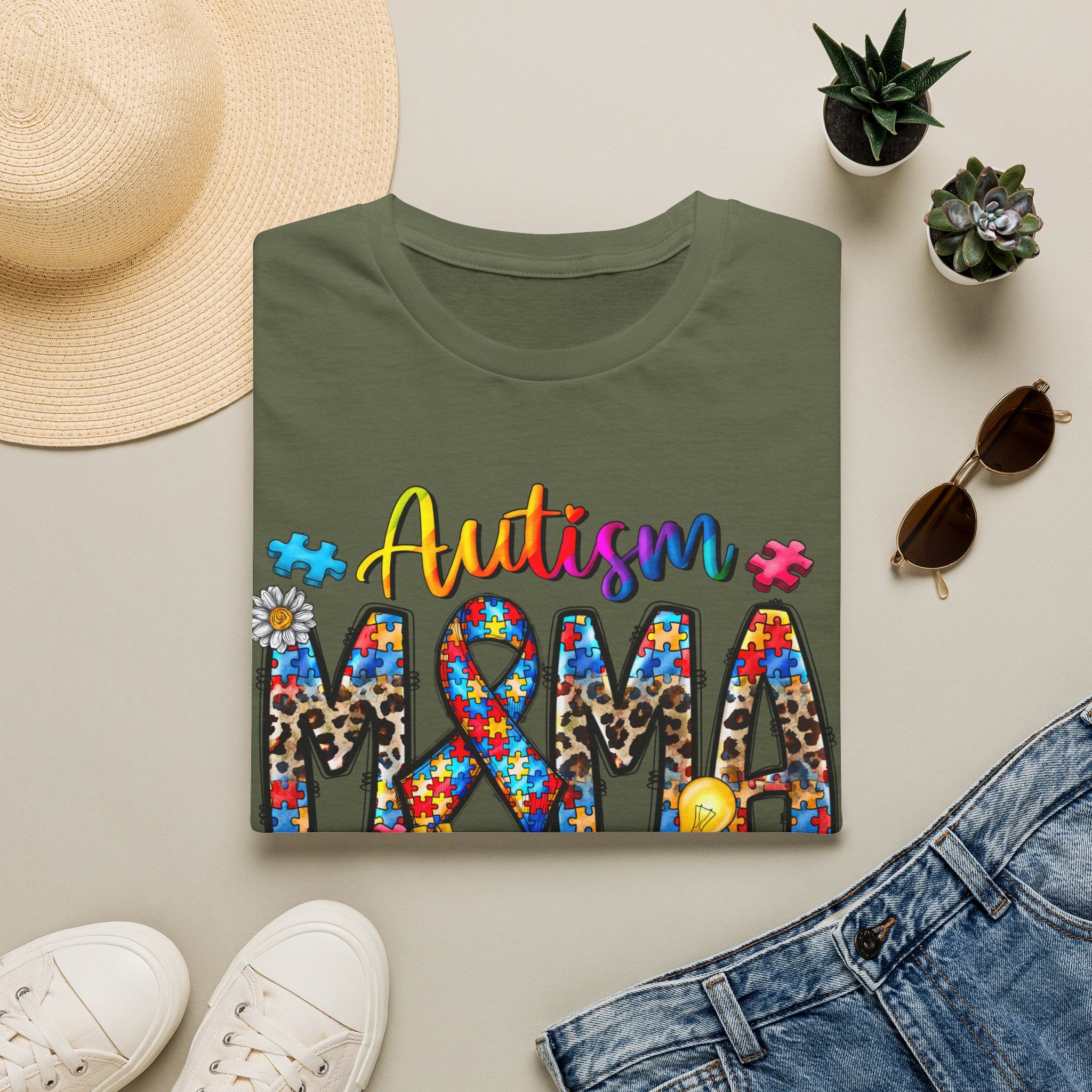 Autism Mama T-Shirt - Colorful Puzzle Ribbon Support Tee
