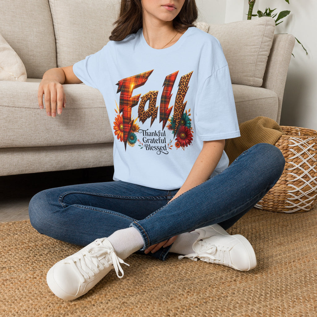 Fall Floral Plaid T-Shirt — "Thankful Grateful Blessed" Autumn Tee