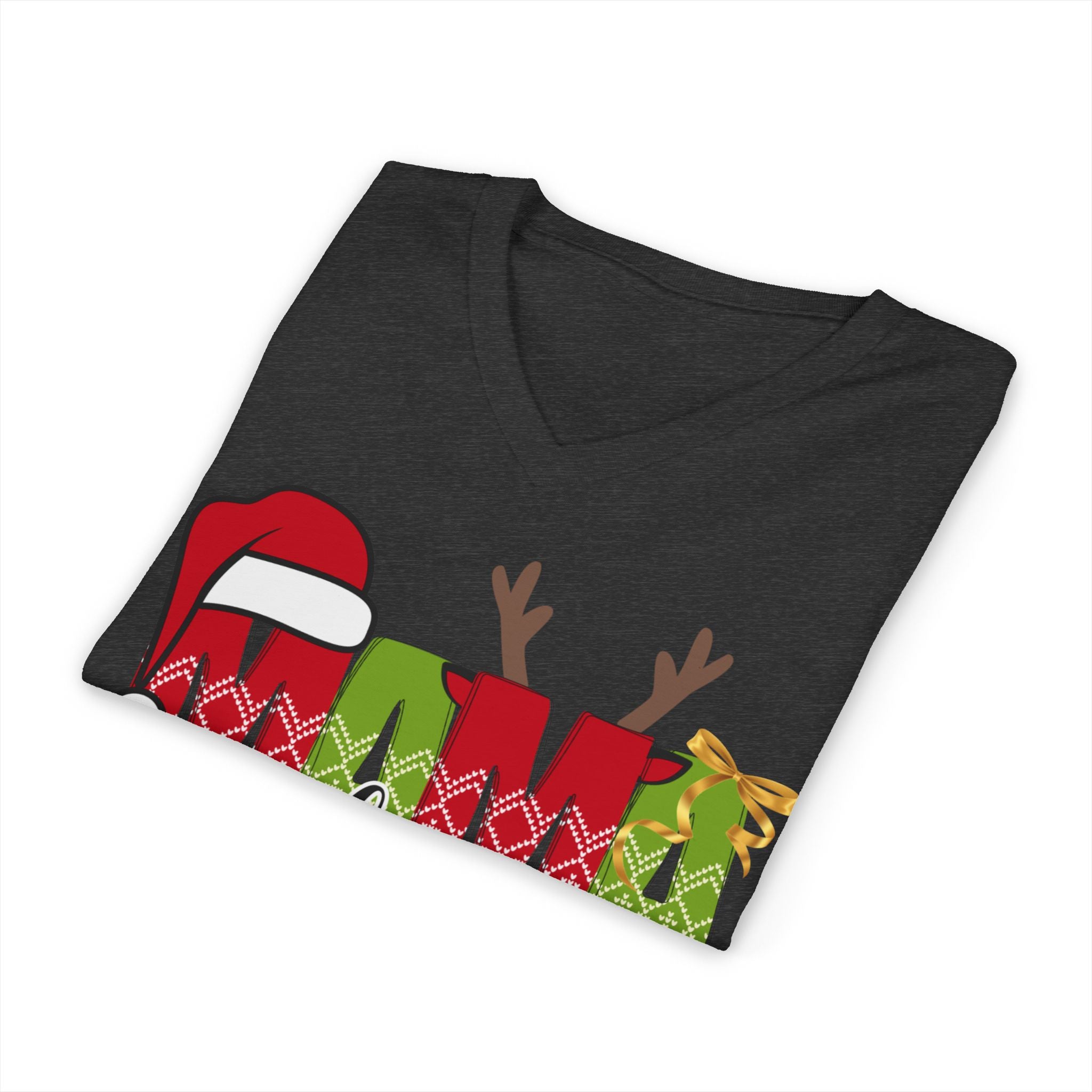 Mom Claus V-Neck Tee — Christmas Holiday Family Graphic Shirt