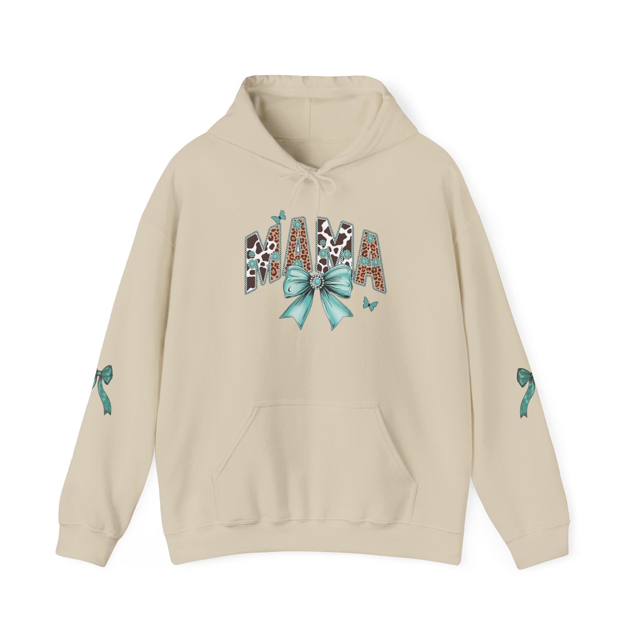Mama Leopard Letters teal bow Hoodie | Cow print back panel, sleeve bows