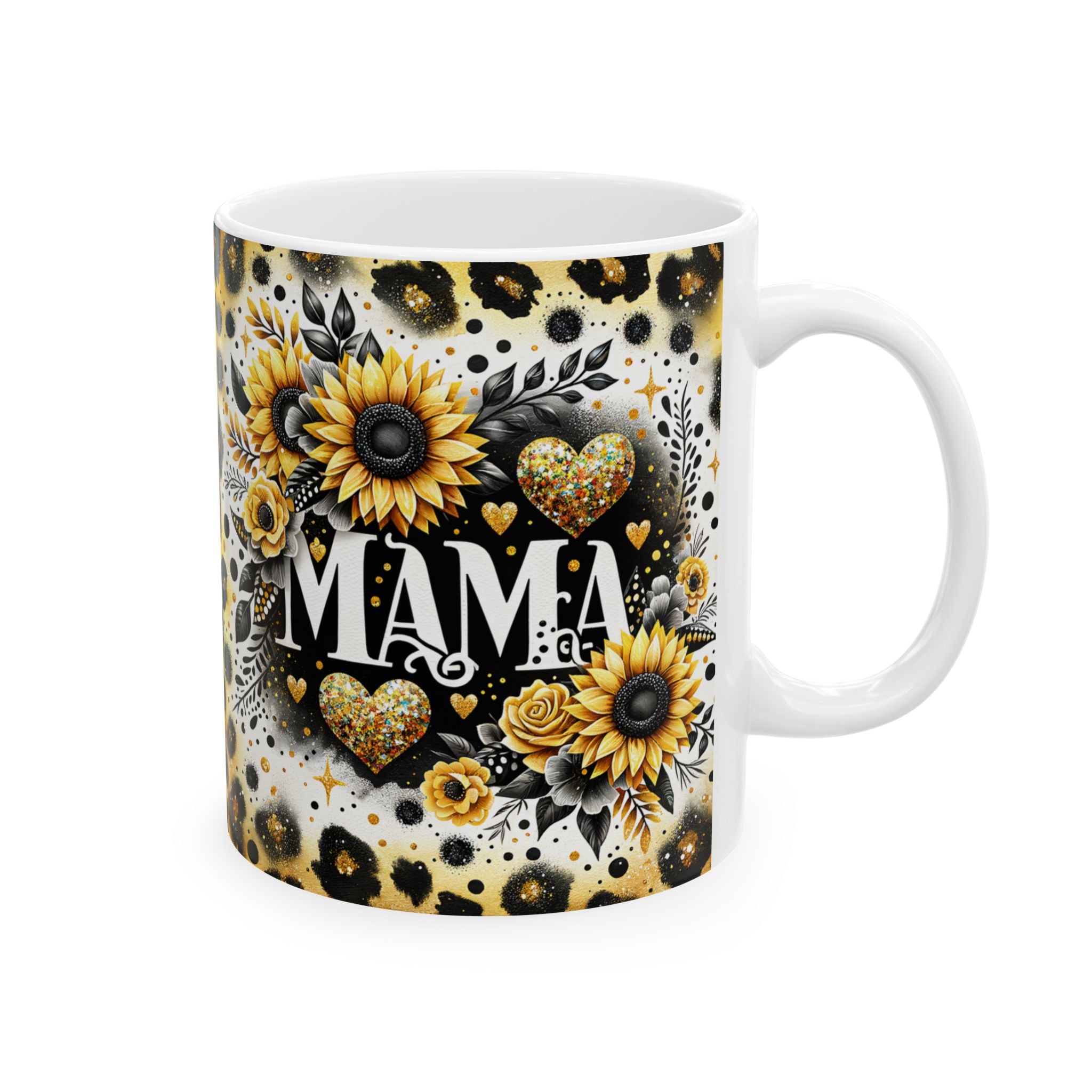 Sunflower Leopard 'Mama' Ceramic Mug — Floral Animal Print Coffee Cup (11oz & 15oz)