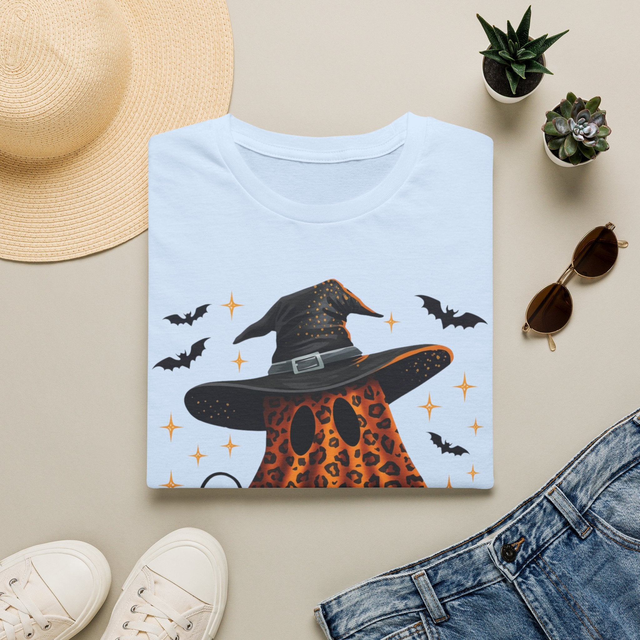 Halloween Leopard Ghost T-Shirt — Witch Hat & Bats Graphic