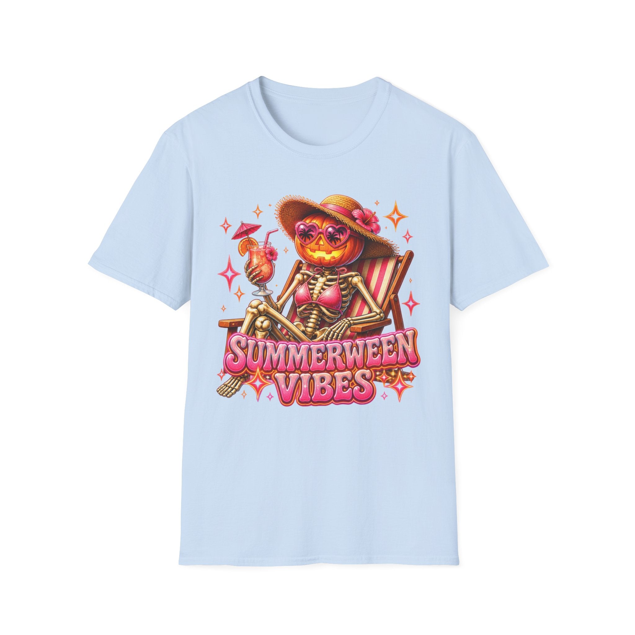 Summerween Vibes T-Shirt — Pumpkin Skeleton Beach Tee