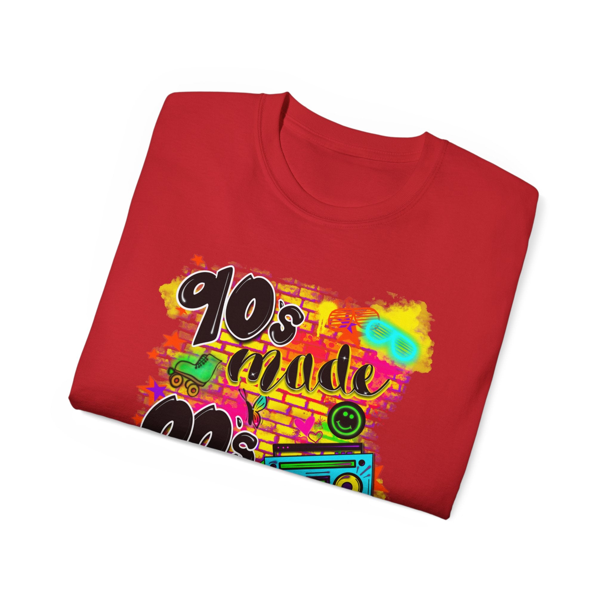90s Made 00s Raised T-Shirt — Neon Retro Boombox Graphic Tee