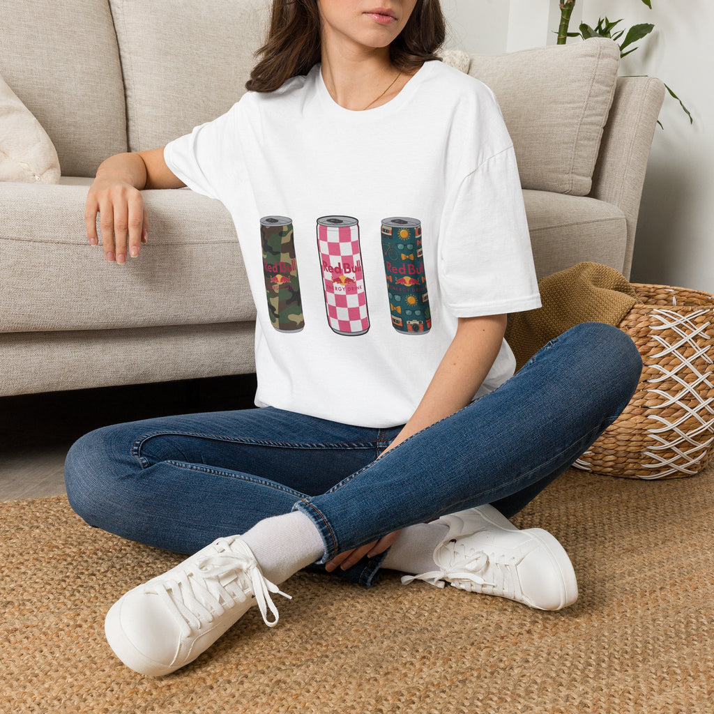 Energy Drink Can Trio T-Shirt — Camouflage, Checker & Floral Cans