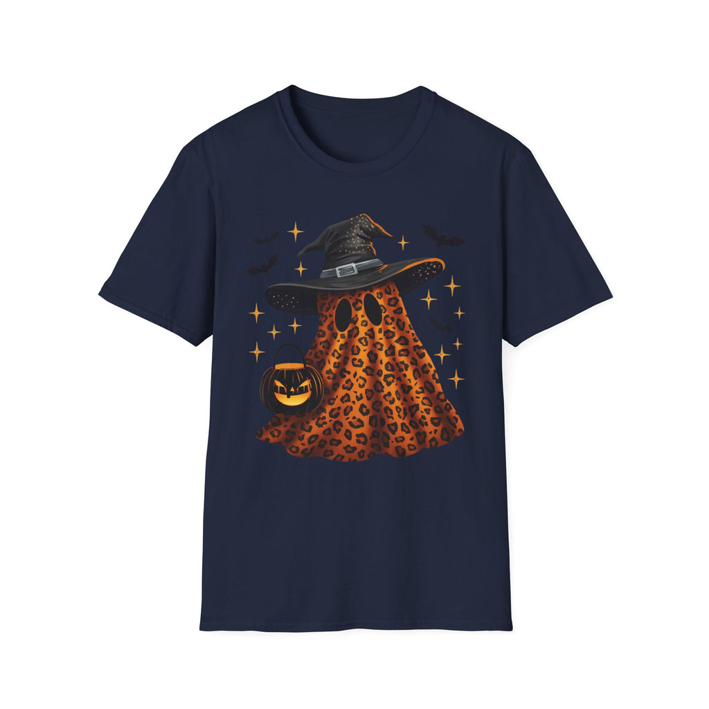 Halloween Leopard Ghost T-Shirt — Witch Hat & Bats Graphic