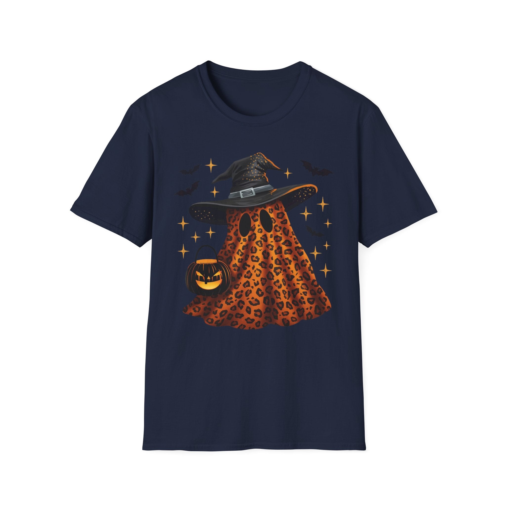 Halloween Leopard Ghost T-Shirt — Witch Hat & Bats Graphic