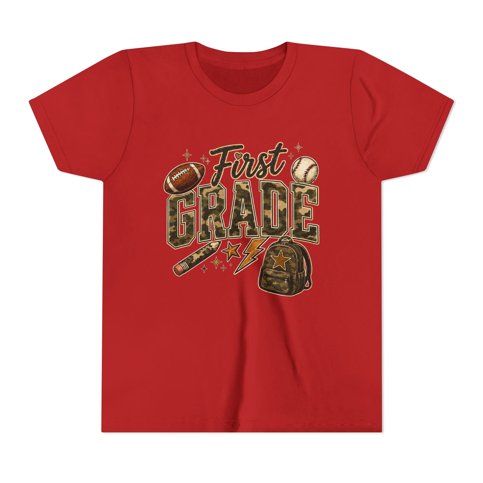 First Grade Kids T‑Shirt — Back to School Sports Backpack Design