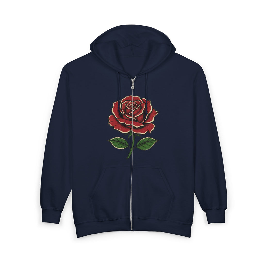 Red Rose Zip Hoodie — Vintage Floral Full-Zip Sweatshirt