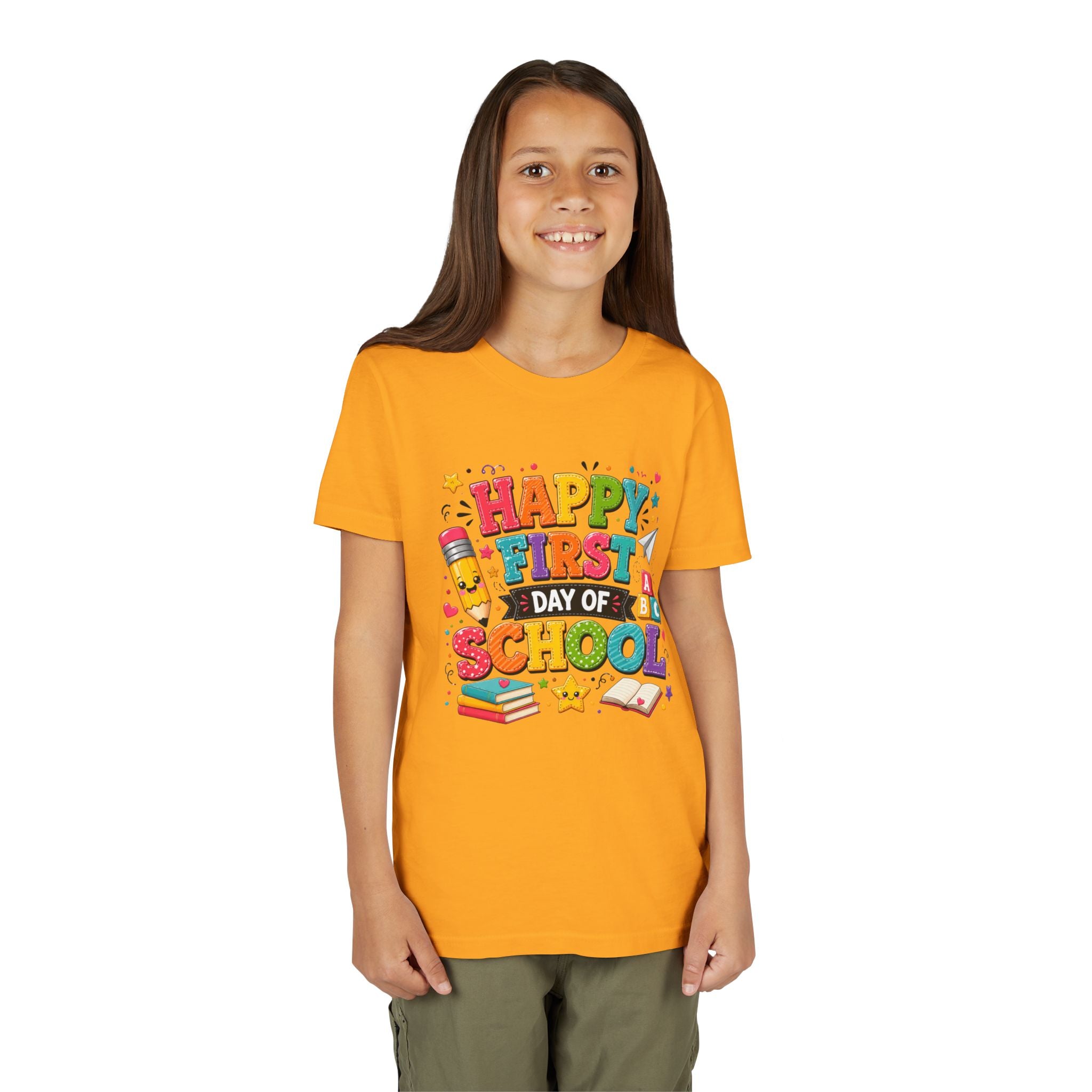 Youth Tee — "Happy First Day of School" Back-to-School Graphic Shirt