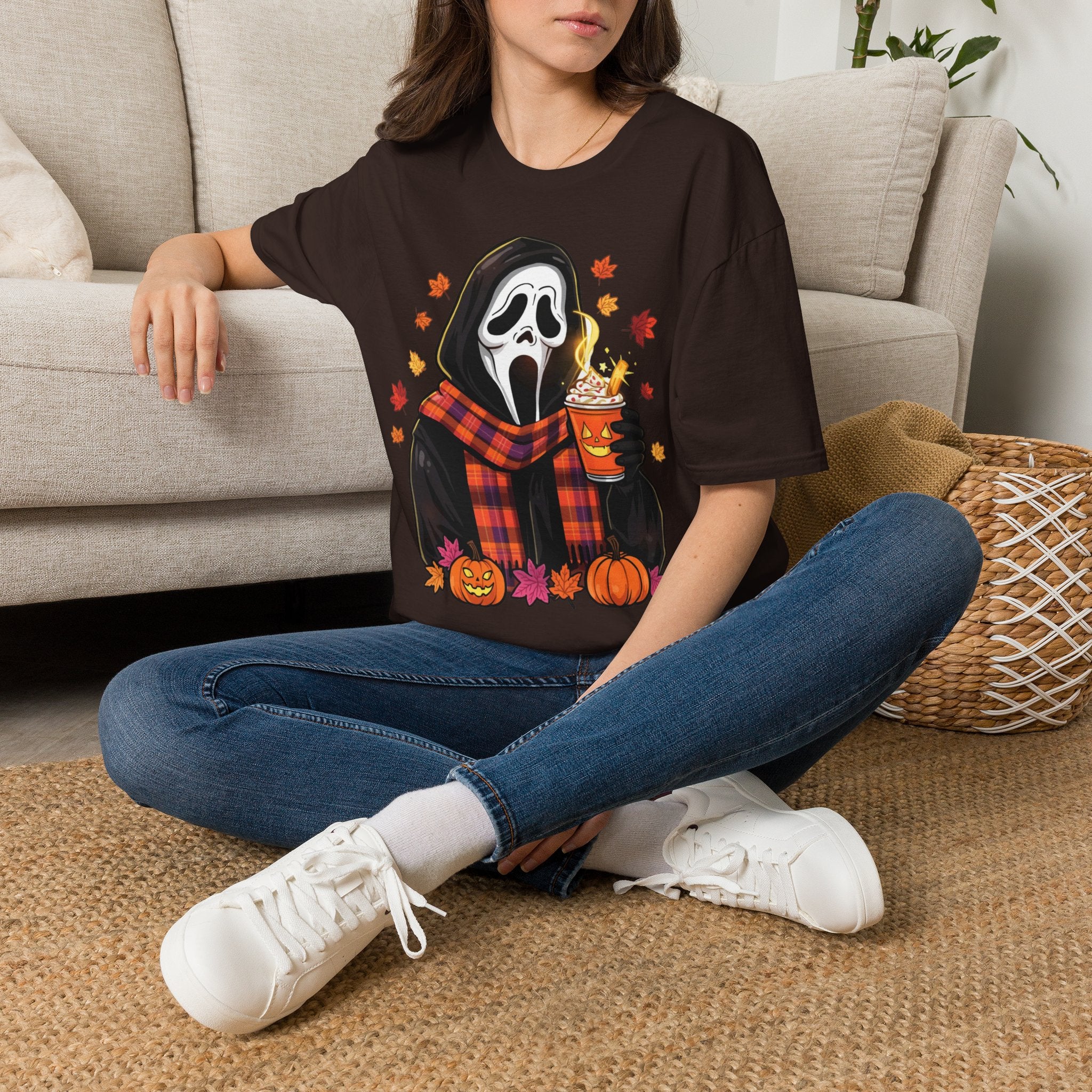 Halloween Scream Mask T‑Shirt — Cozy Fall Pumpkin & Hot Cocoa Graphic Tee