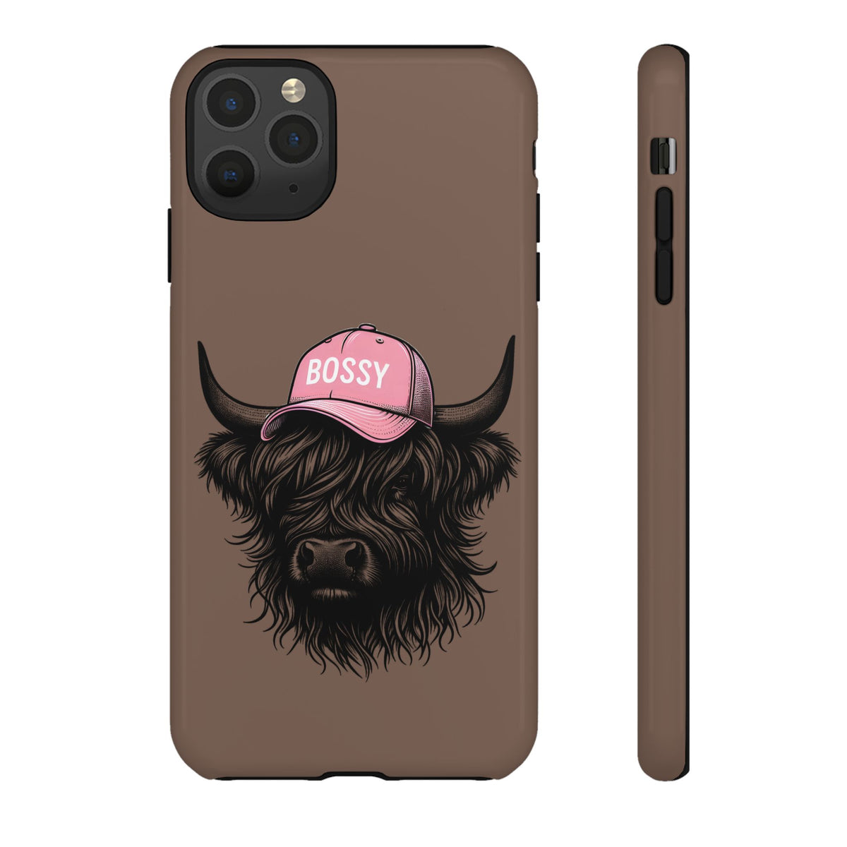 Phone Case — Highland Cow Wearing 'BOSSY' Pink Hat, Cute Farm Animal Protective Cover