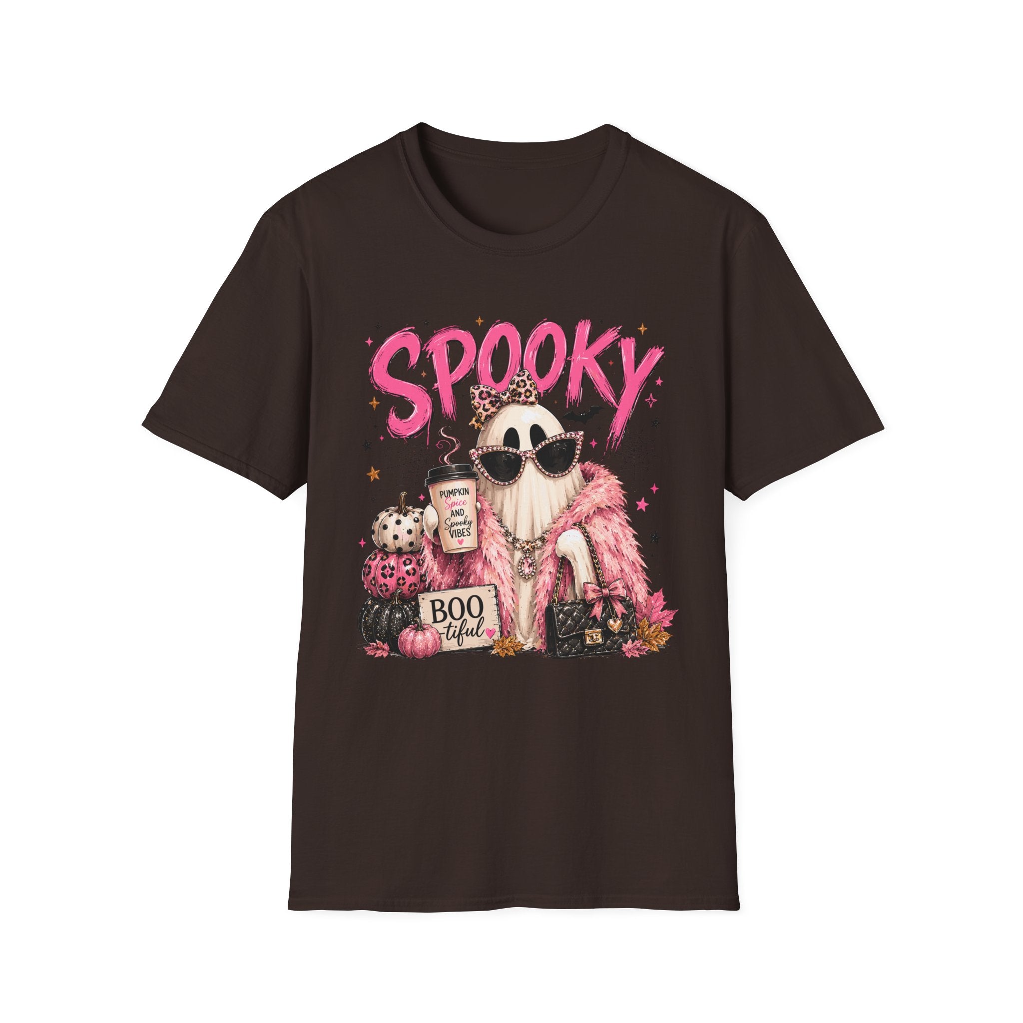 Spooky Glam T-Shirt — Cute Pink Ghost with Sunglasses & Pumpkin Latte