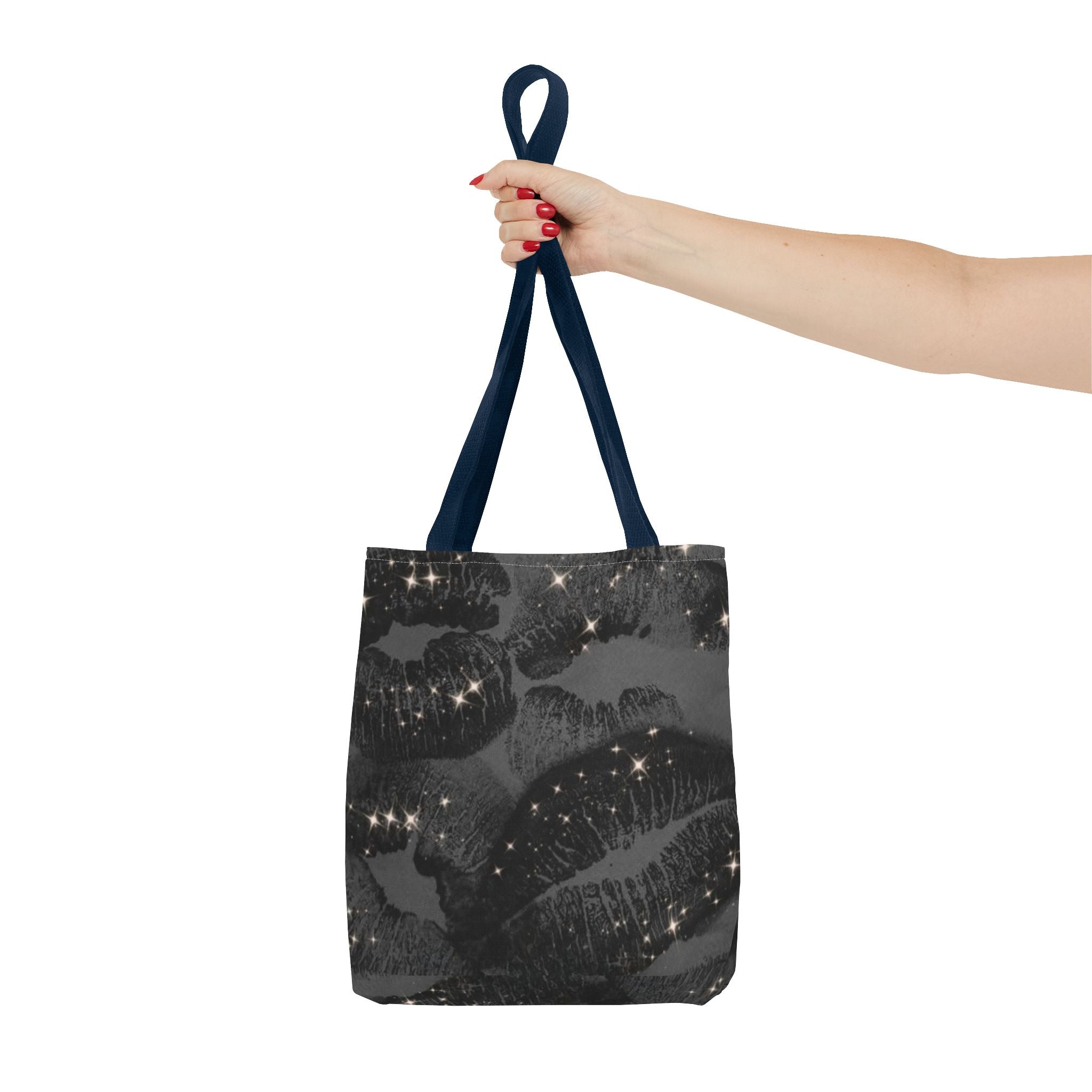 Glitter Kiss Print Tote Bag | Black Lipstick Pattern, Sparkle All-Over