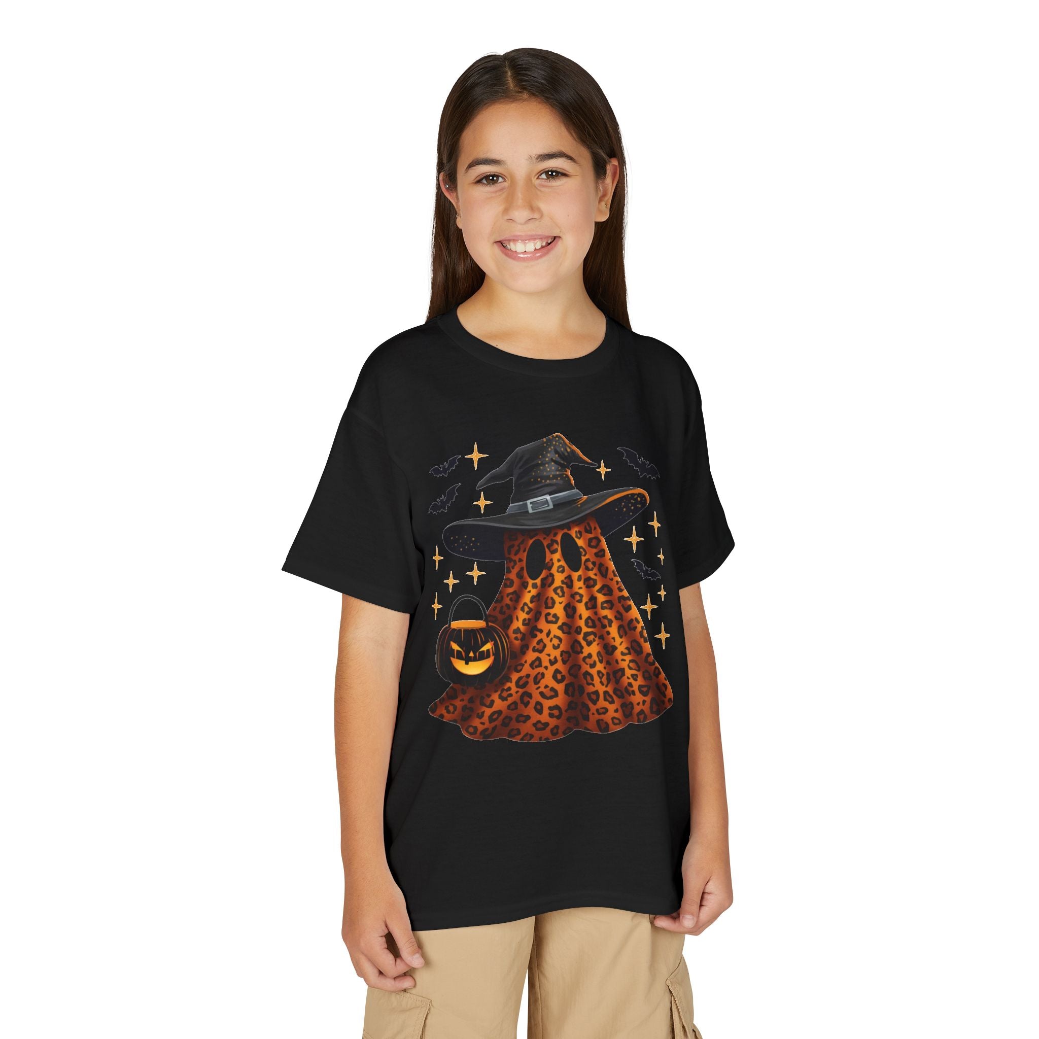 Youth T-Shirt — Leopard Witch Ghost Halloween Tee (Pumpkin Candy Bag, Bats)