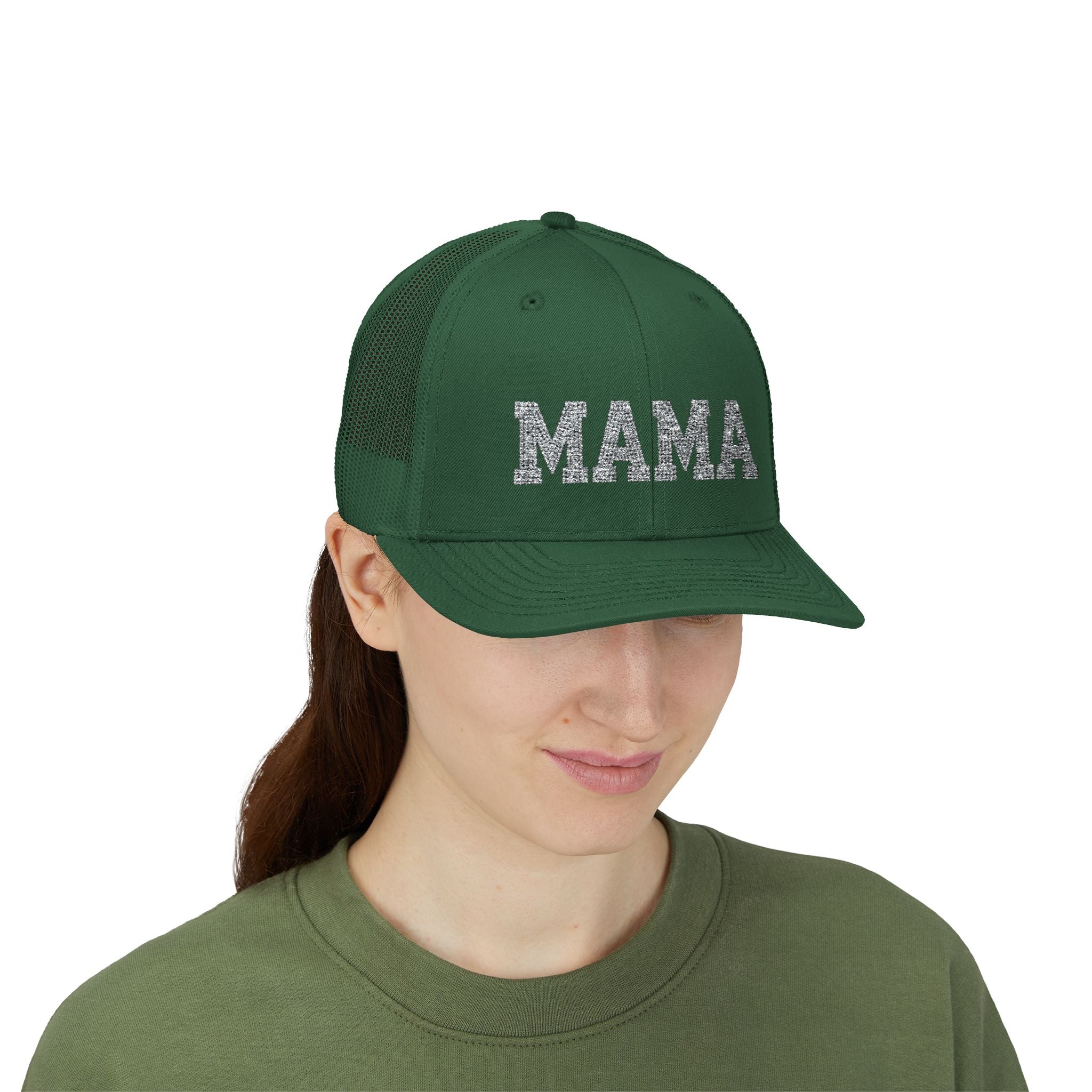 Mama Snapback Trucker Cap — Glitter Script "MAMA" Mesh Back Hat for Moms, Mother's Day Gift