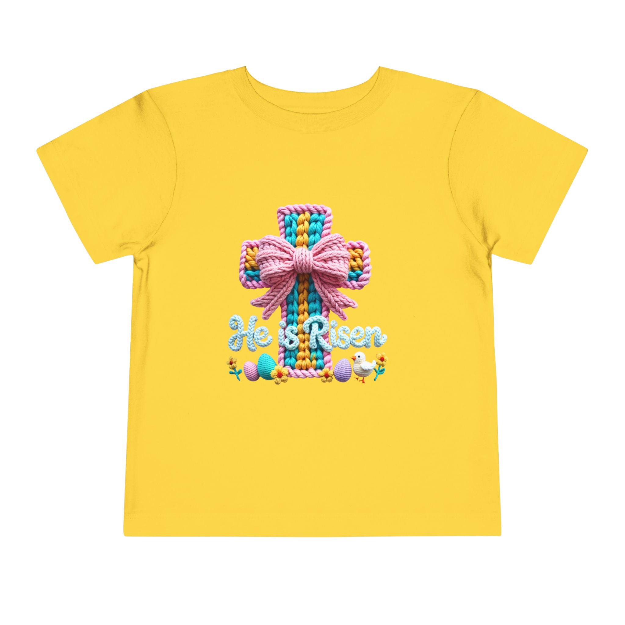 Easter Cross Toddler Tee — Colorful Knit Cross with "He is Risen" & Easter Eggs