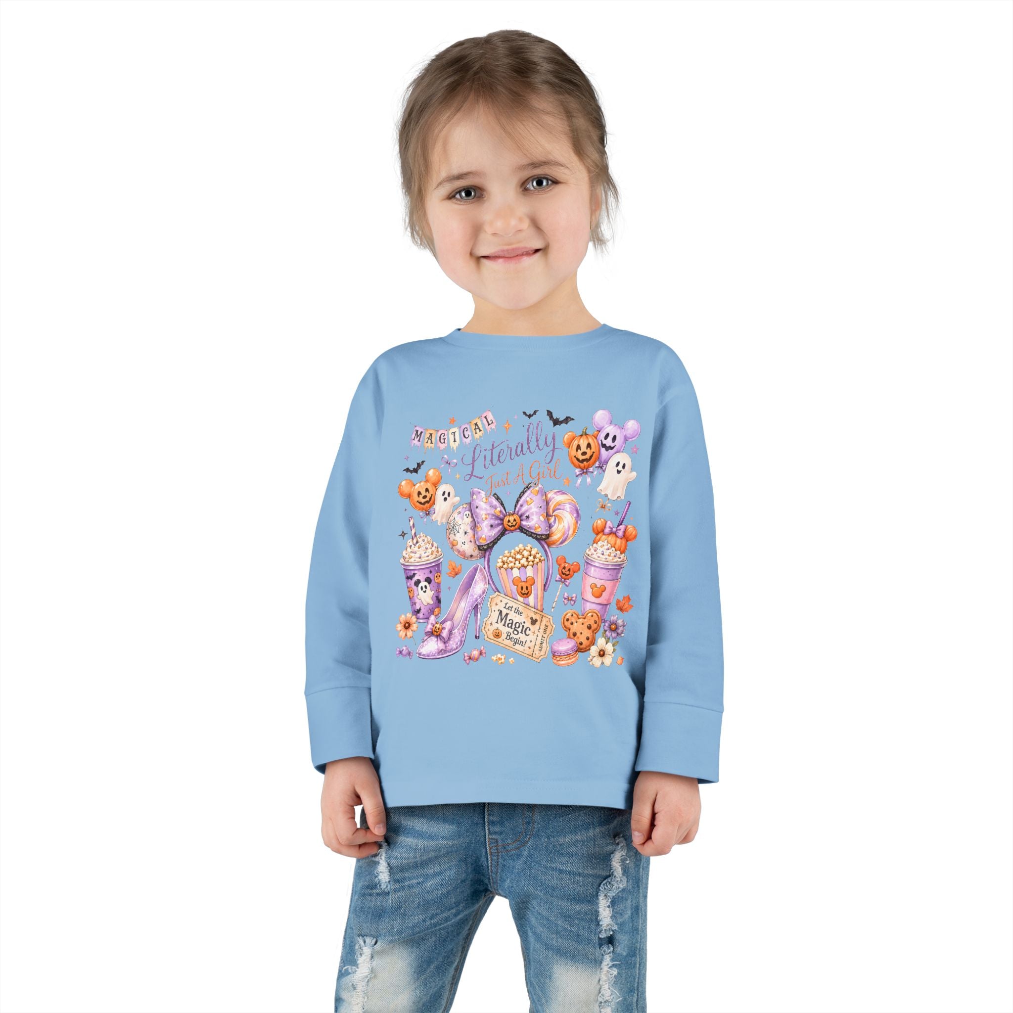 Toddler Long Sleeve Tee — "Pumpkin Spice & Magic" Halloween Minnie Bow Graphic