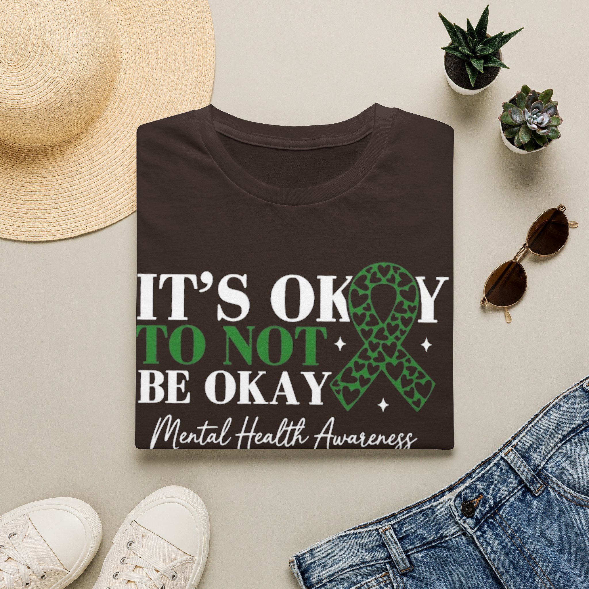 Mental Health Awareness T-Shirt — "It's Okay to Not Be Okay" with Green Ribbon